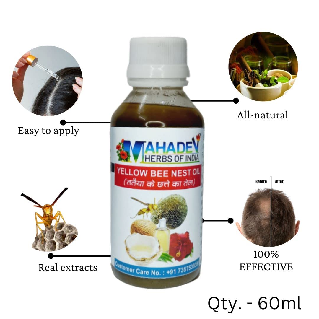 Mahadev Herbs of India Pure Yellow Bee Nest Hair Oil - 100% Natural & Premium Beehive Oil for Hair Growth & Scalp Care | 60ml | Ayurvedic Treatment for Dry Hair, Dandruff & Hair Fall | Perfect for Daily Hair Massage & Nourishment