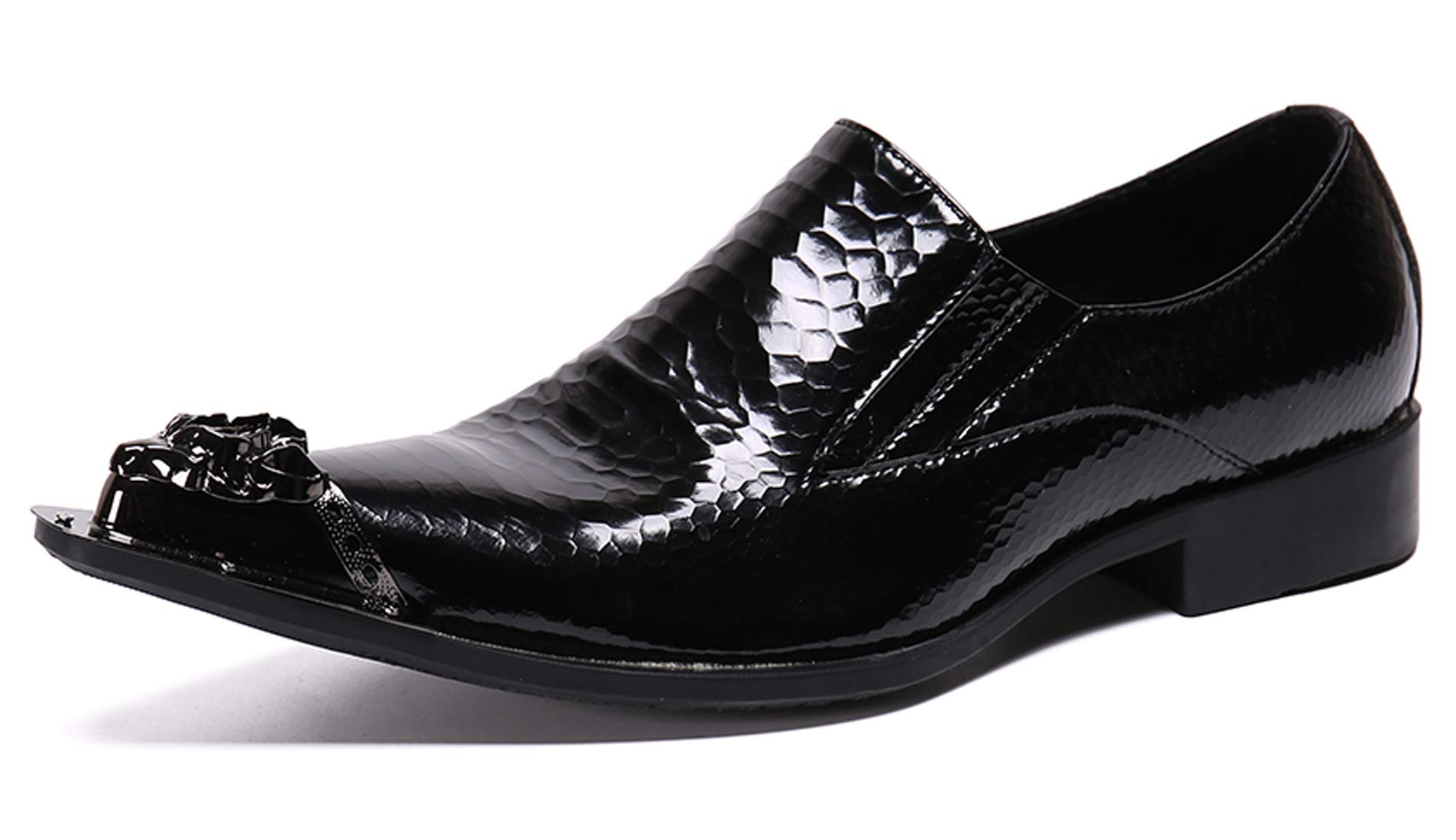 Santimon Men's Pointed Toe Loafers - Shiny Patent Leather Dress Shoes with Stylish Metal Tip for Western Fashion | Perfect for Business, Office & Formal Occasions