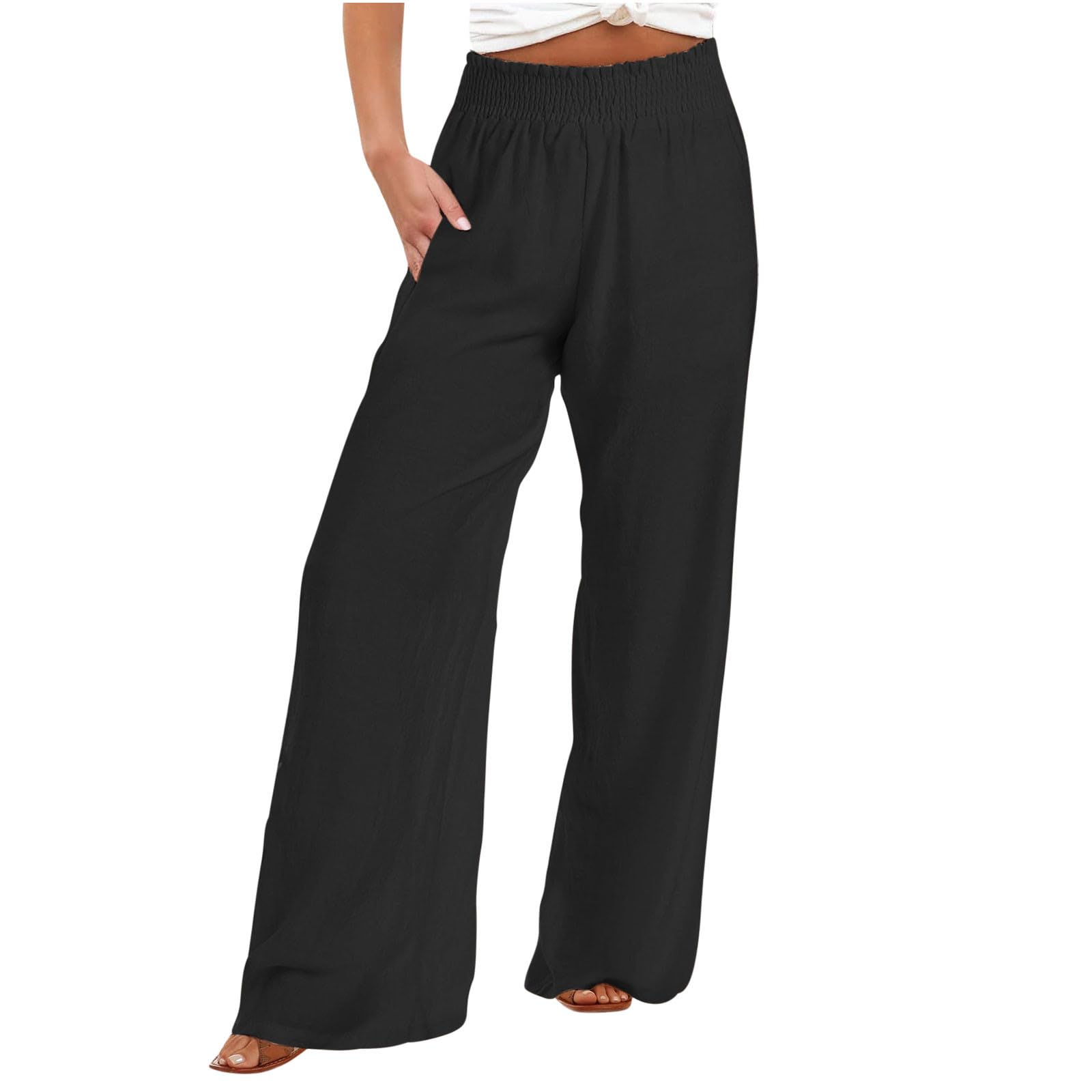 Women's High Waist Elastic Wide Leg Pants - Loose Cotton Linen Long Trousers with Pockets for Casual Wear, Office, and Travel