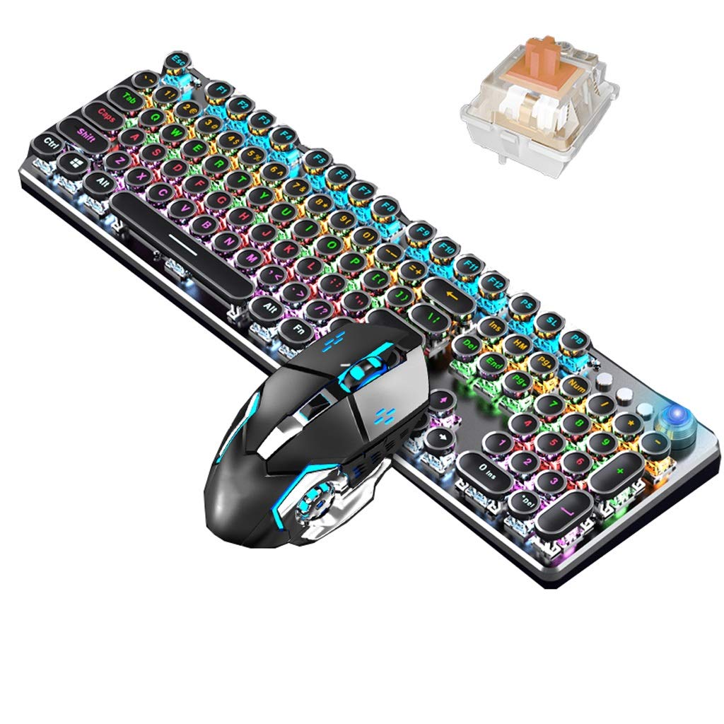 ARCH Mechanical Keyboard and Mouse Set - Green/Black/Tea Switch Gaming Keyboard with Metal Panel, Retro 104-Key Wired Keyboard for PC/Laptop - Perfect for Gaming, Office & Typing (Color Light-Tea Switch)