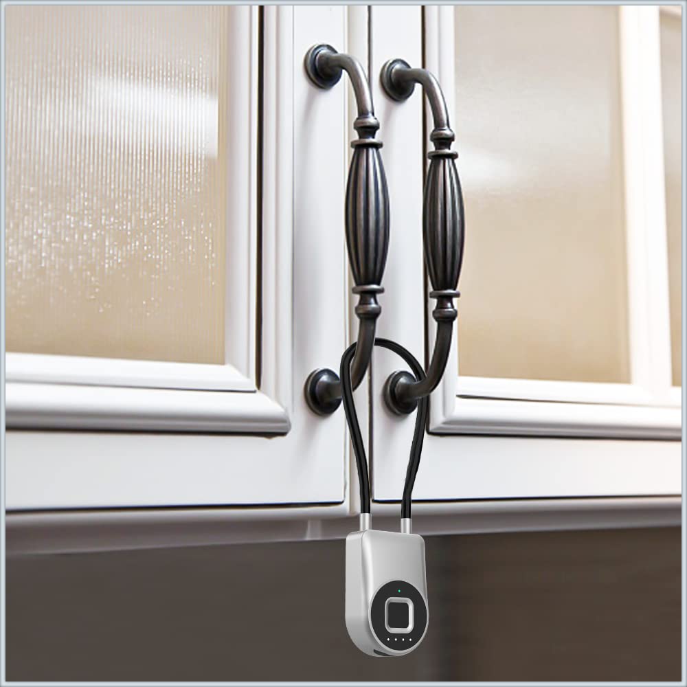 eLinkSmart Fingerprint Fridge Lock - Child Proof Cabinet Lock with Waterproof Design & 1000+ App Users - 38cm/6 Inch Steel Cable Padlock for French Door Refrigerator, Gym Locker, Cupboard & Luggage Security - Perfect for Home Safety, Child Protection & Travel Use