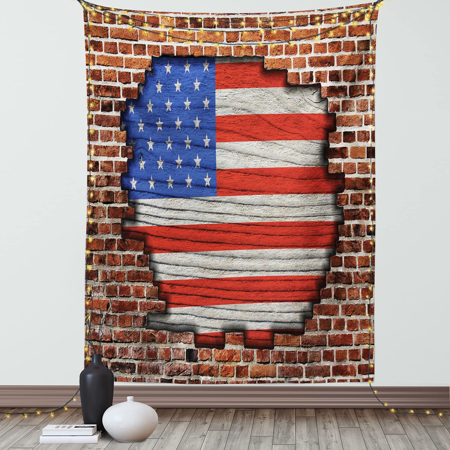 Ambesonne USA Patriotic Tapestry - Vintage 4th of July Independence Day Brick Wall Design - Blue Red Brown Wall Hanging Decor for Bedroom, Living Room, Dorm (40x60 inches) | Perfect for American Flag Themed Parties, Home Decor & Photo Backdrops