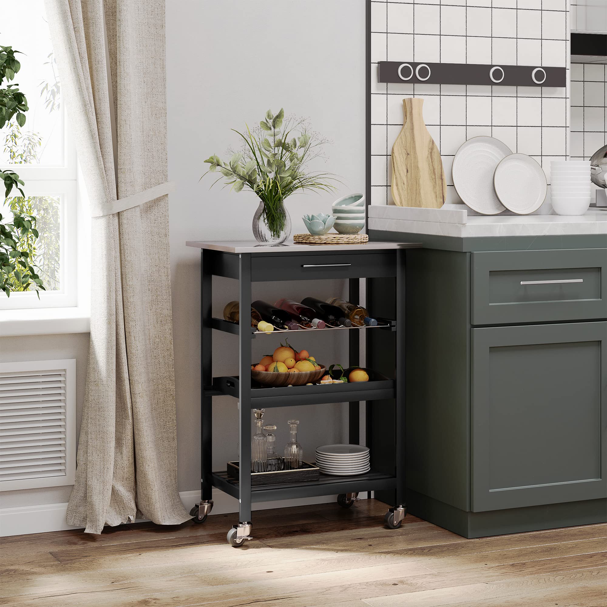 HOMCOM Kitchen Island Cart with Stainless Steel Tabletop, Wine Rack & Drawer - Rolling Utility Serving Trolley for Kitchen, Dining Room & Bar Use