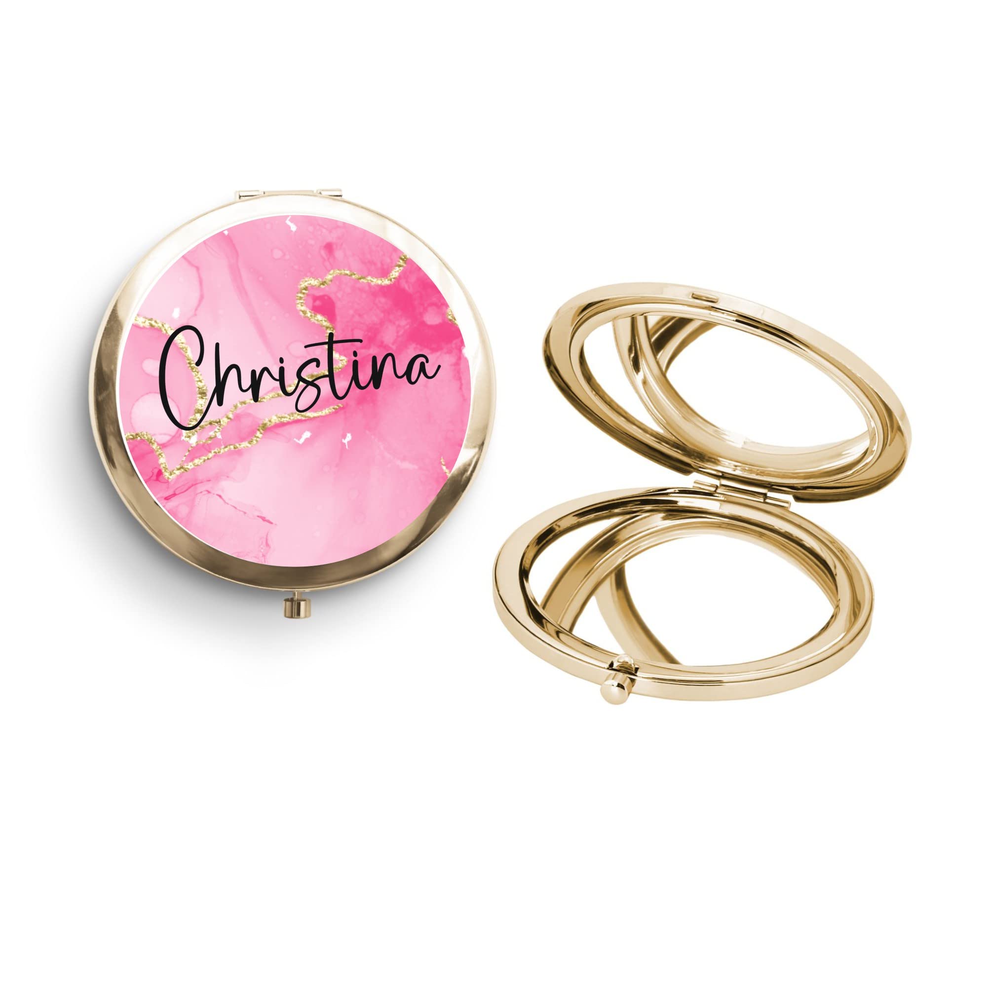 Personalized Compact Mirror for Women & Teen Girls - Rose Gold Pocket Mirror with Hot Pink Case, Perfect for Makeup Touch-Ups, Travel, and Stocking Stuffers