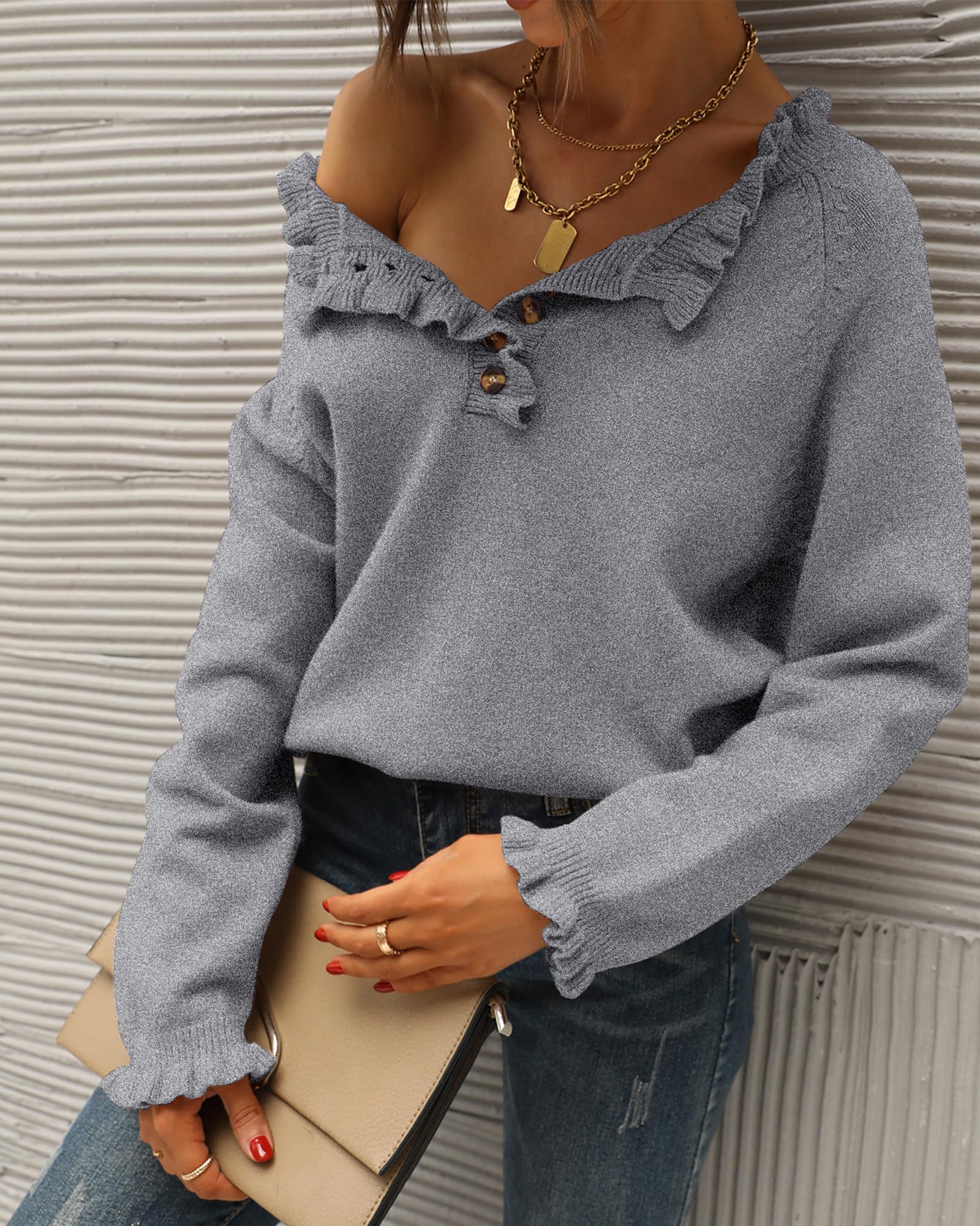 BTFBM Women's Knit Sweater Long Sleeve Button Down Ruffle Crew Neck Pullover Top for Fall Winter 2025 | Casual Office Wear & Cozy Home Outfit