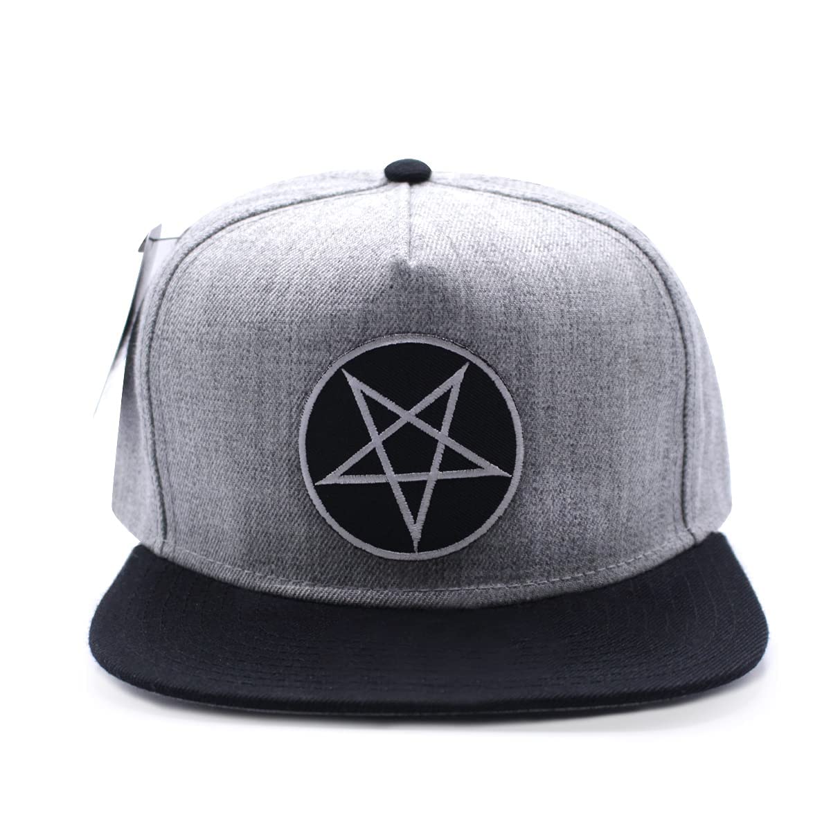 Pins & Bones Pentagram Hat - Black & Grey Gothic Snapback Cap with Star Design | One Size Fits Most | Perfect for Gothic Fashion, Music Festivals & Alternative Style