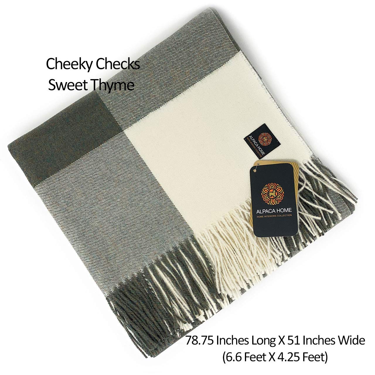 Cheeky Checks Alpaca Throw Blanket - 100% Baby Alpaca Wool, 6.6ft x 4.25ft, Hypoallergenic & Ultra Soft - Perfect for Sofa, Bed, or Gift (Sweet Thyme)