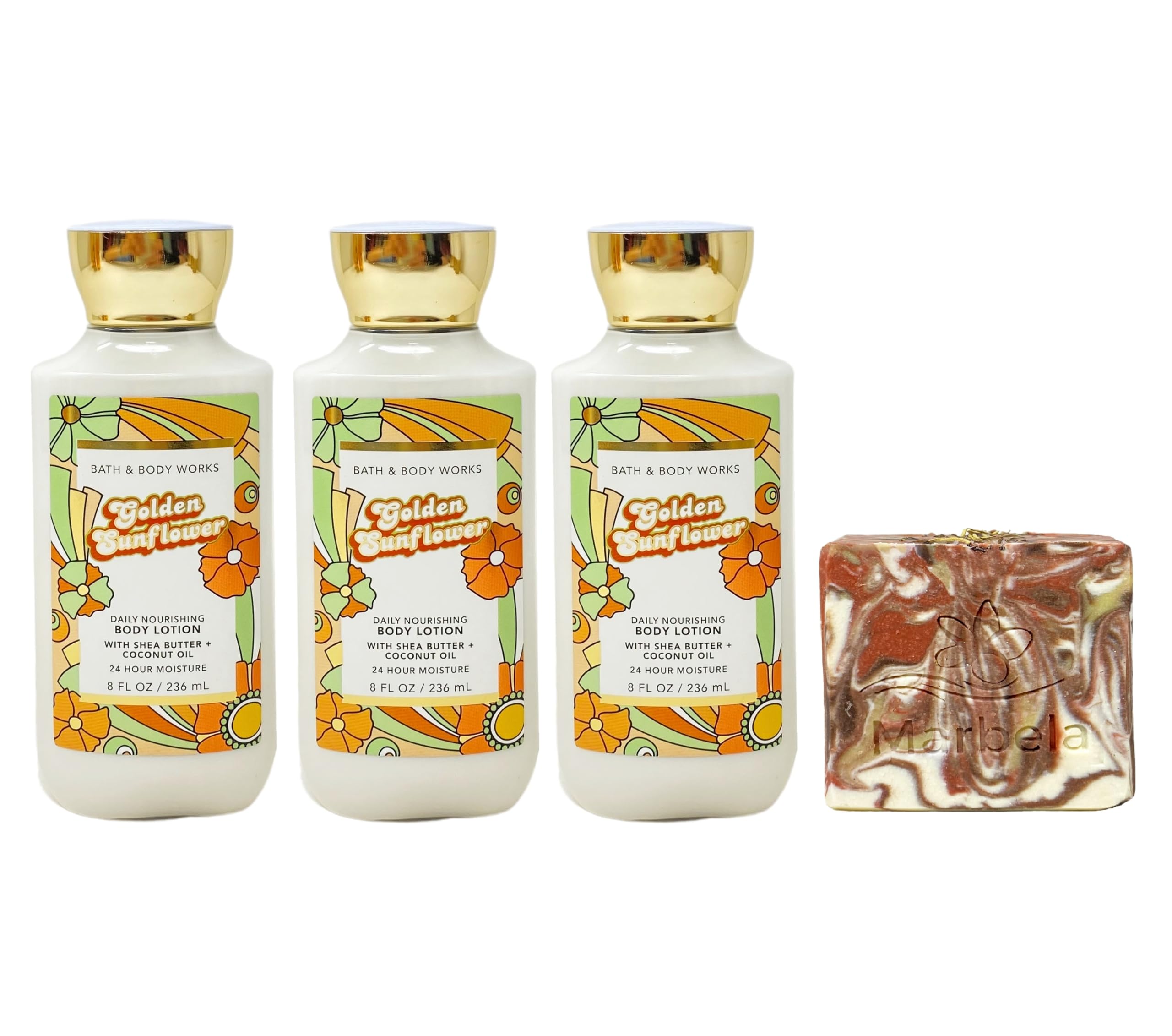 Bath & Body Works Golden Sunflower 3-Pack Body Lotion Set with Clay & Rosemary Bar Soap - Full Size Moisturizing Gift Set for Women, Dry Skin Care, Daily Hydration, Home & Spa Relaxation