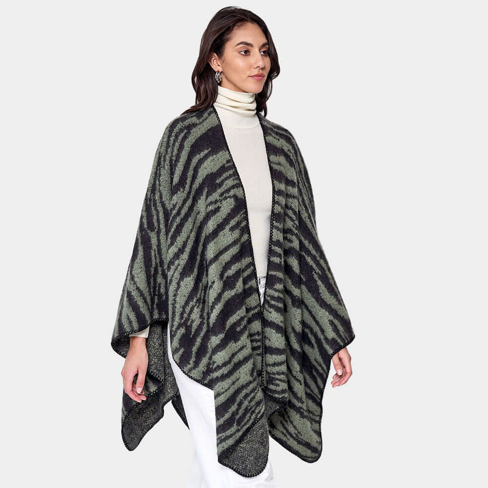 Stylish Olive Green Zebra Print Ruana Poncho Shawl Wrap - Perfect for Fall Fashion, Outdoor Adventures & Cozy Evenings