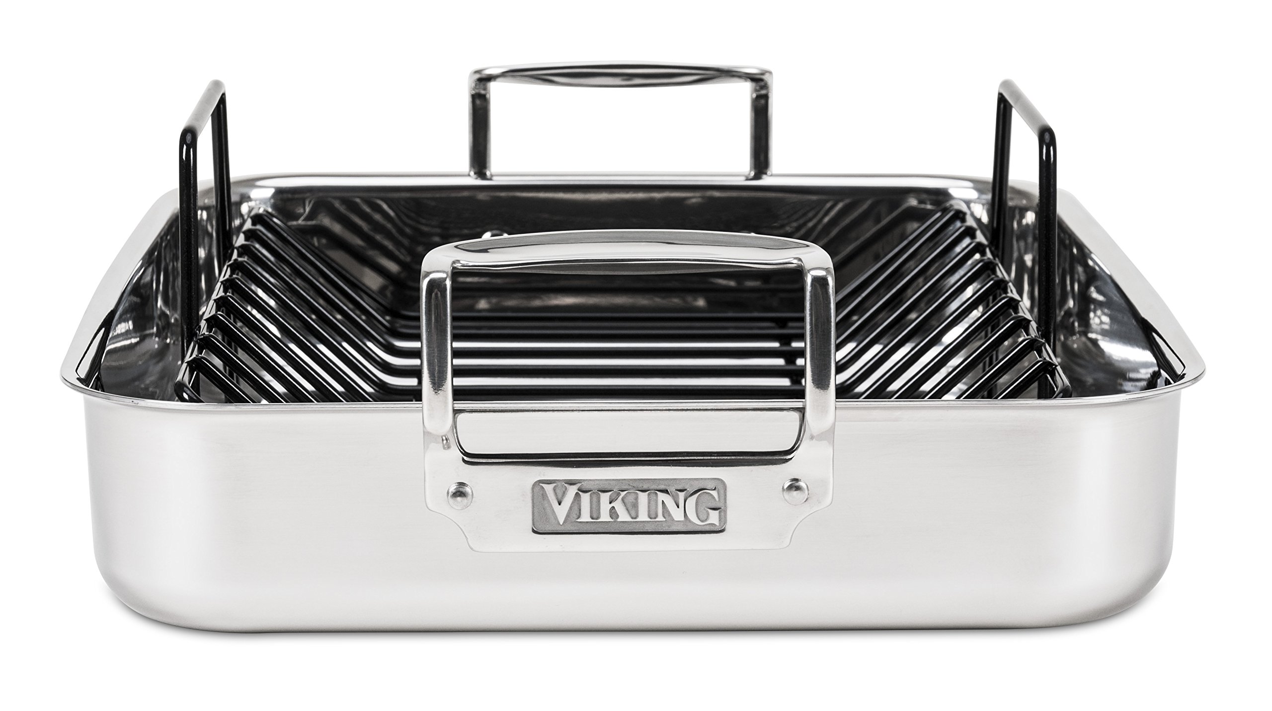 Viking 3-Ply Stainless Steel Roasting Pan with Non-Stick Rack - 16 x 13 Inch Oven Safe Cookware for Turkey, Chicken & Meat - Dishwasher Safe, Induction Compatible - Perfect for Holiday Dinners, Family Gatherings & Meal Prep