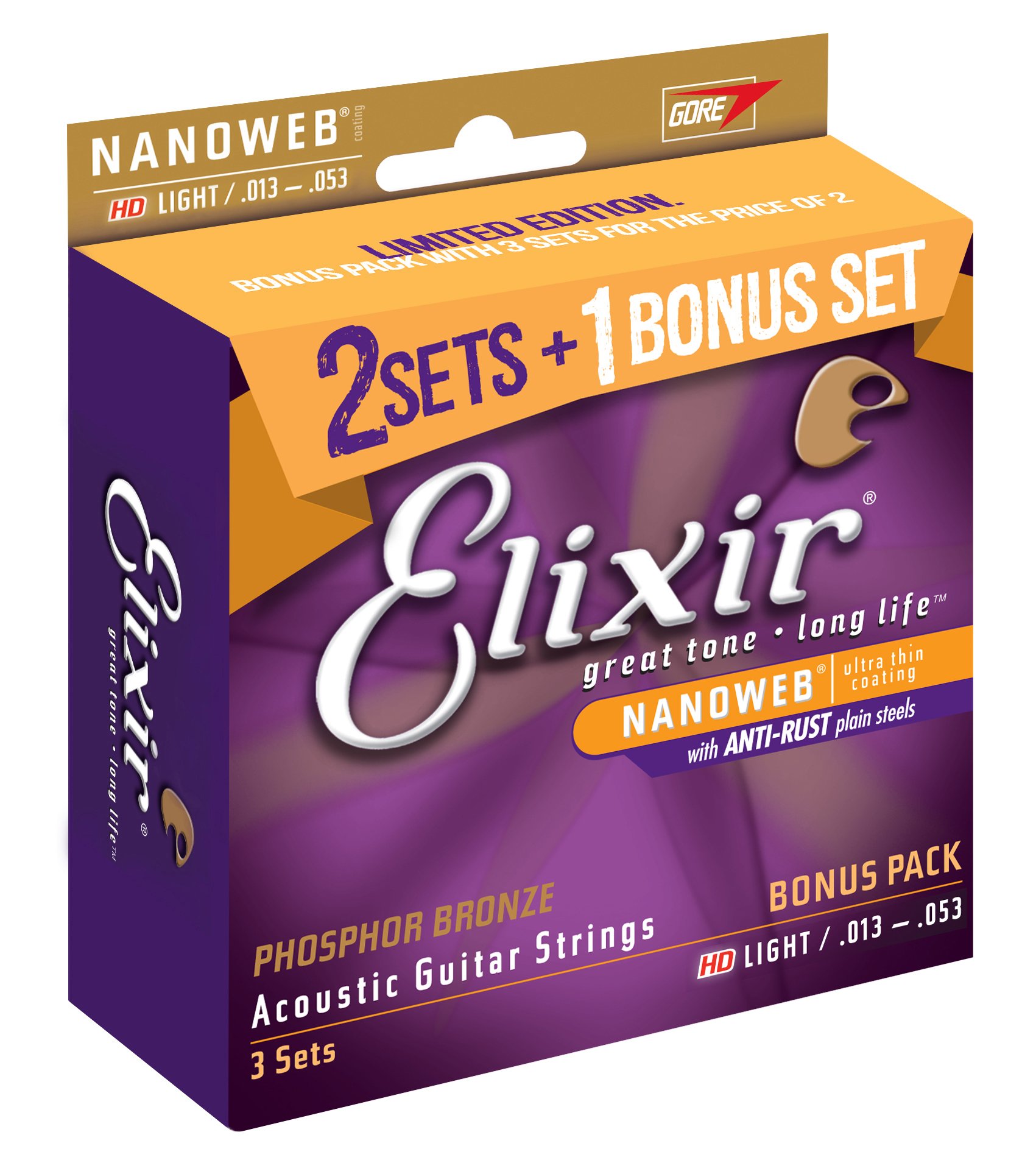 Elixir® 16547 Acoustic Guitar Strings - Phosphor Bronze with NANOWEB® Coating, 3 Pack, HD Light Gauge (.013-.053) | Perfect for Folk, Country & Fingerstyle Playing