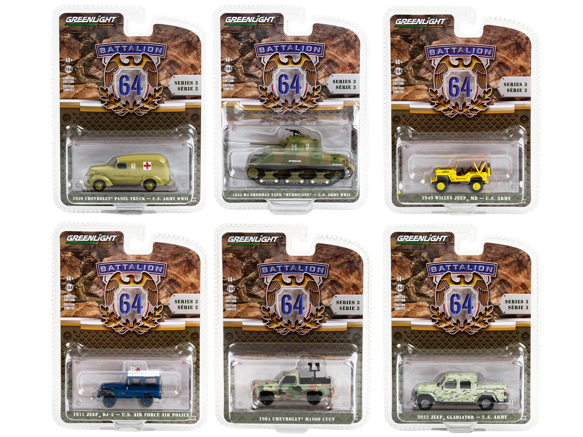 Greenlight Battalion 64 Series 3 - Set of 6 Premium 1/64 Scale Diecast Model Cars | Collectible Toy Vehicles for Display, Gifts & Racing Enthusiasts
