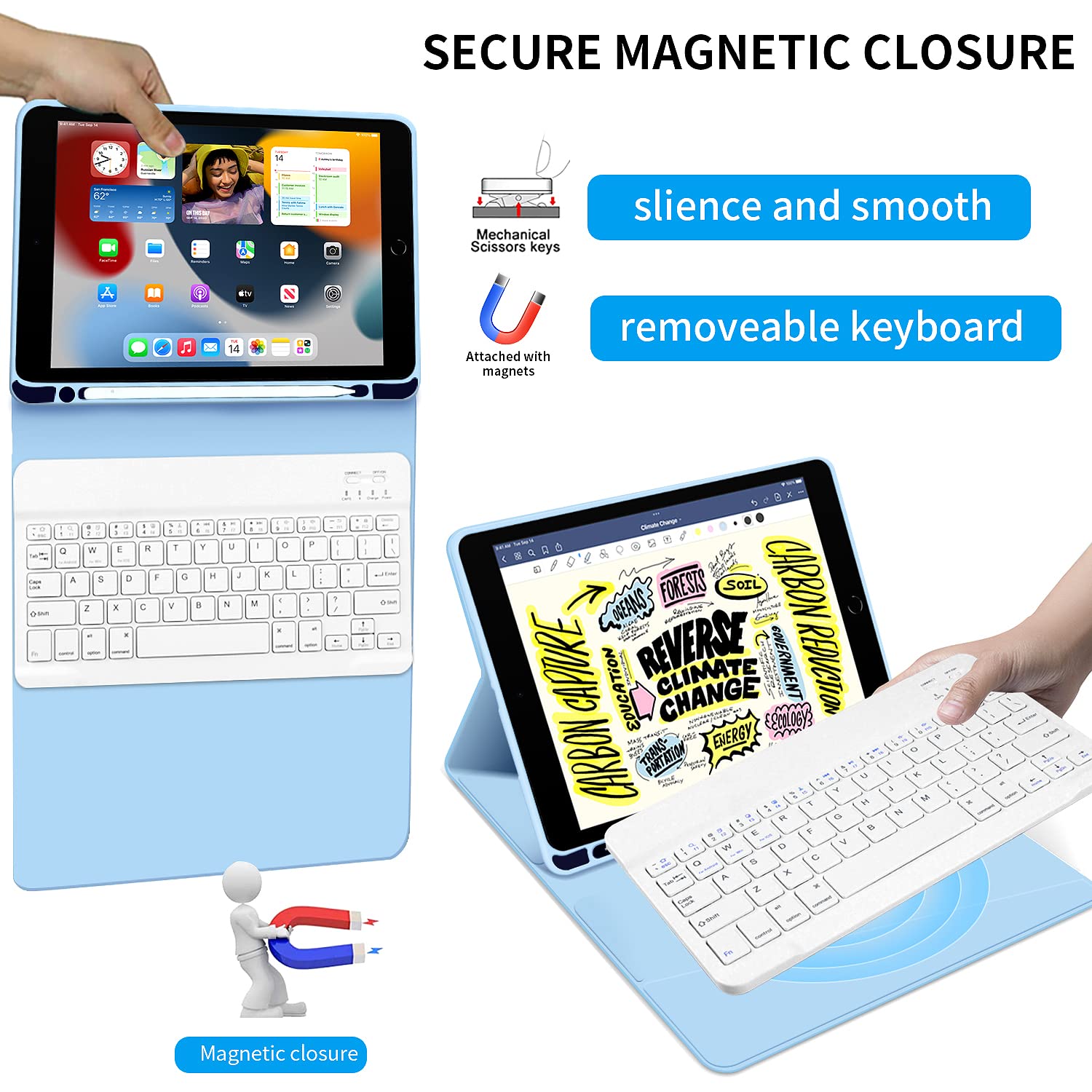 Kenke Ultra Slim Wireless Keyboard Case for iPad 9.7 inch (iPad 6th/5th Gen 2018/2017, iPad Air 2/1) - Lightweight Smart Cover with Apple Pencil Holder & Magnetic Detachable Keyboard - Perfect for Work, Travel & Study (Light Blue)
