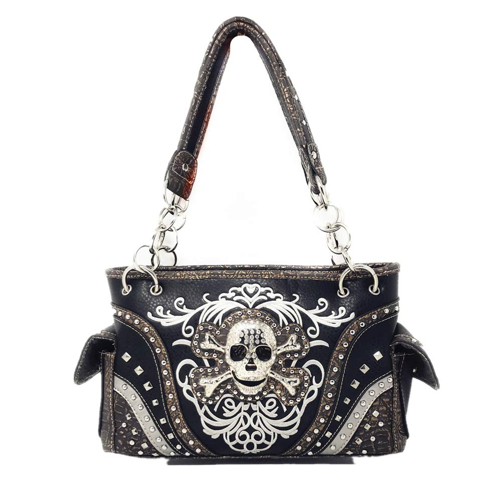 Texas West Women's Embroidered Metal Skull Crossbody Purse Handbag & Wallet Set - 7 Color Options for Gothic Fashion, Biker Style & Festival Accessories