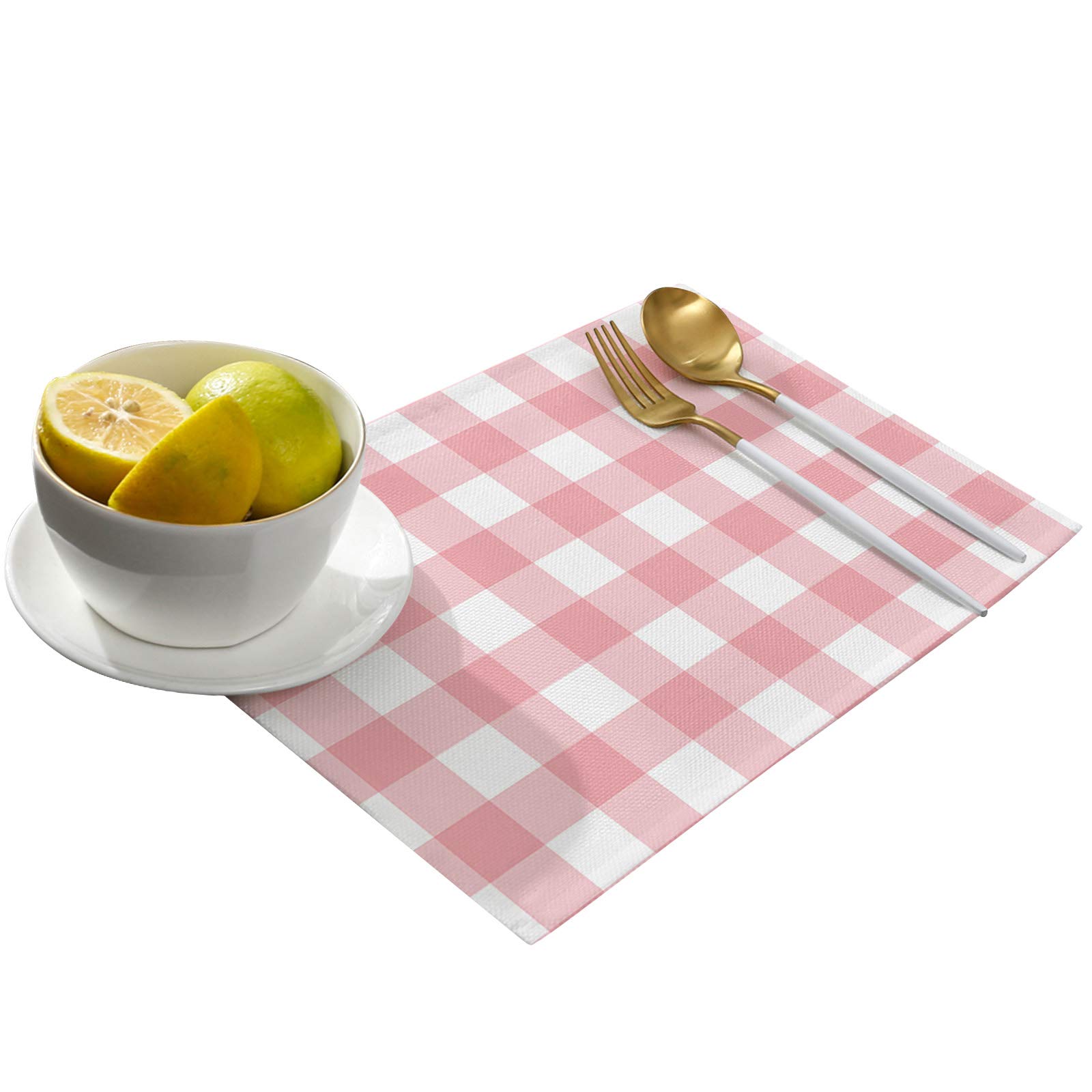 6-Pack Pink and White Buffalo Plaid Placemats - Heat Resistant, Stain Proof & Non-Slip Kitchen Table Mats - Washable Polyester Dining Placemats for Holiday Dinners, Family Gatherings & Everyday Use