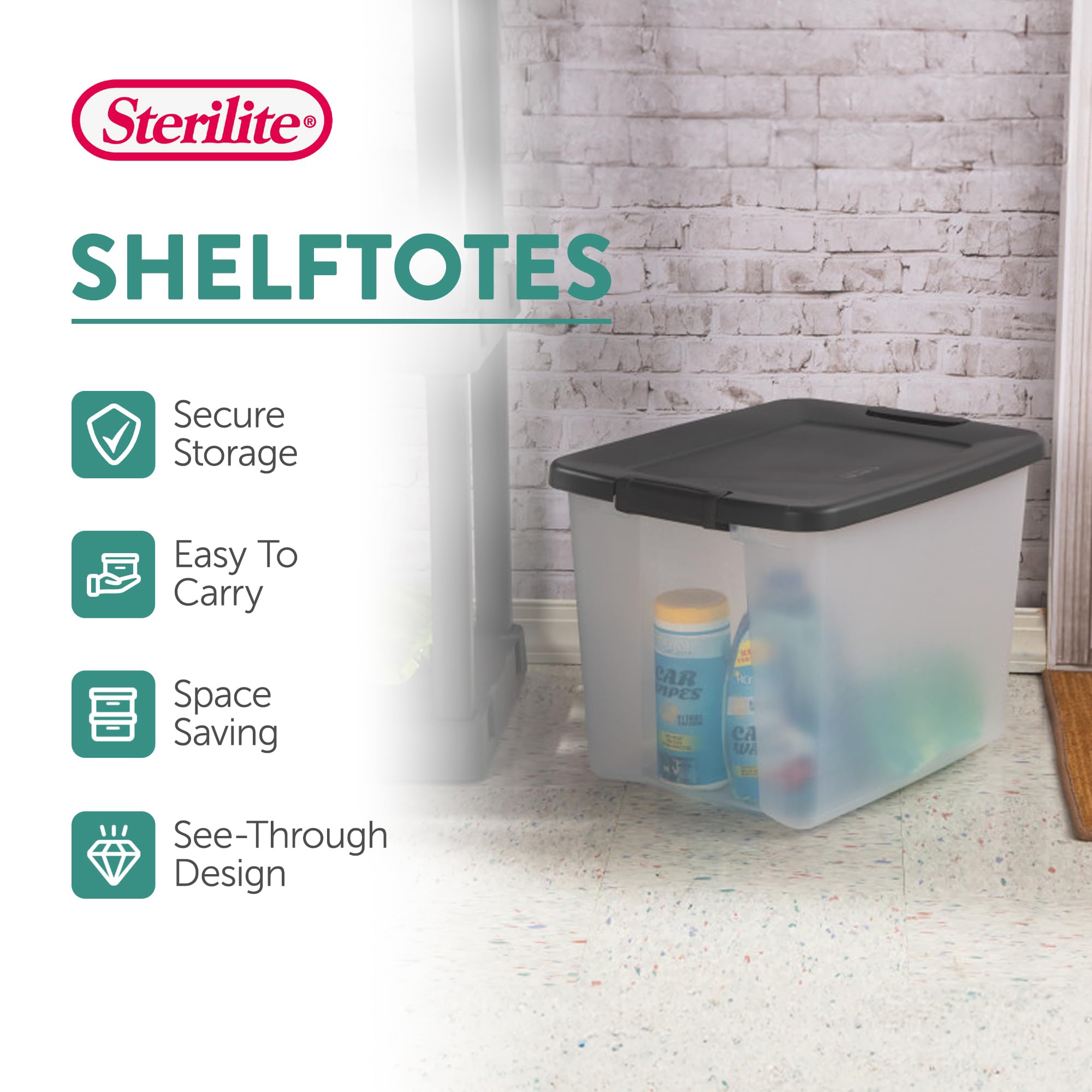 Sterilite 18-Pack 50 Qt Clear Plastic Storage Bins with Lids - Stackable Shelf Totes & Organizer Containers for Home, Office, Garage, and Closet Organization