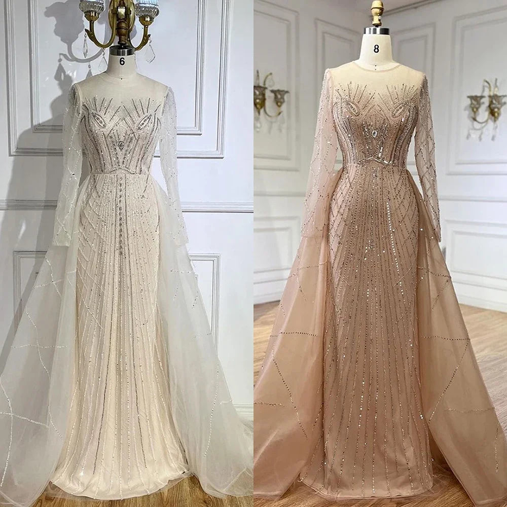 Elegant Beige Muslim Mermaid Evening Gown with Beaded Details - Luxury Overskirt Party Dress for Women 2025 | Perfect for Weddings, Galas & Formal Events