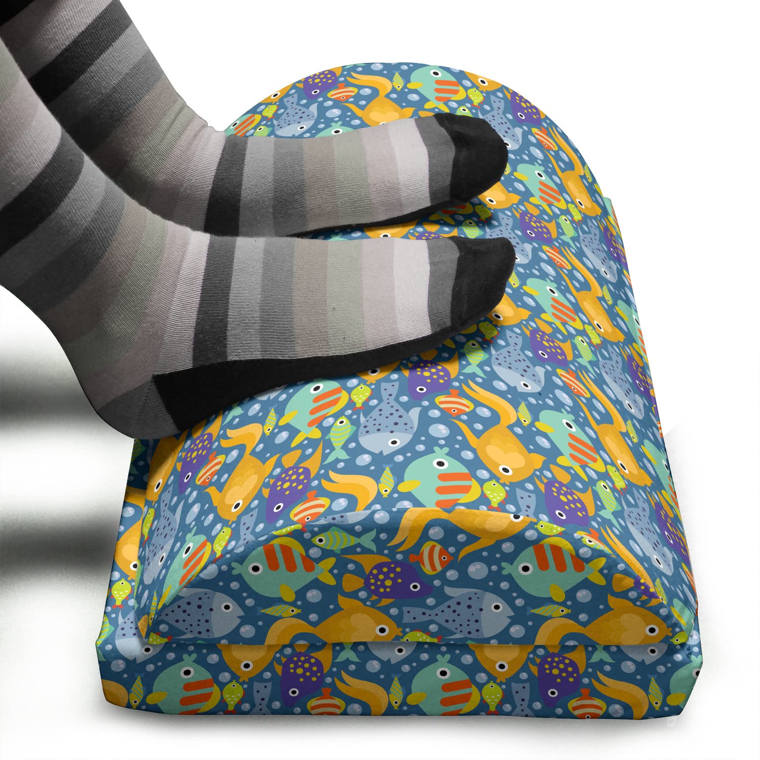 Ambesonne Aquarium Foot Rest - Hand Drawn Fish & Bubbles Design, Non-Slip Ergonomic Memory Foam Leg Support for Office, Home & Gaming Chairs (Slate Blue/Multicolor) - Perfect for Work, Relaxation & Comfort