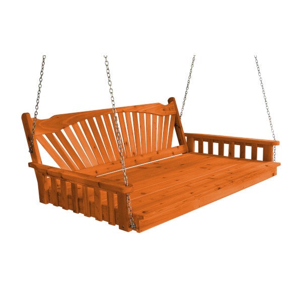 Red Cedar Swing Bed with Fanback - Outdoor Patio Hanging Bed for Porch, Garden, or Backyard Relaxation