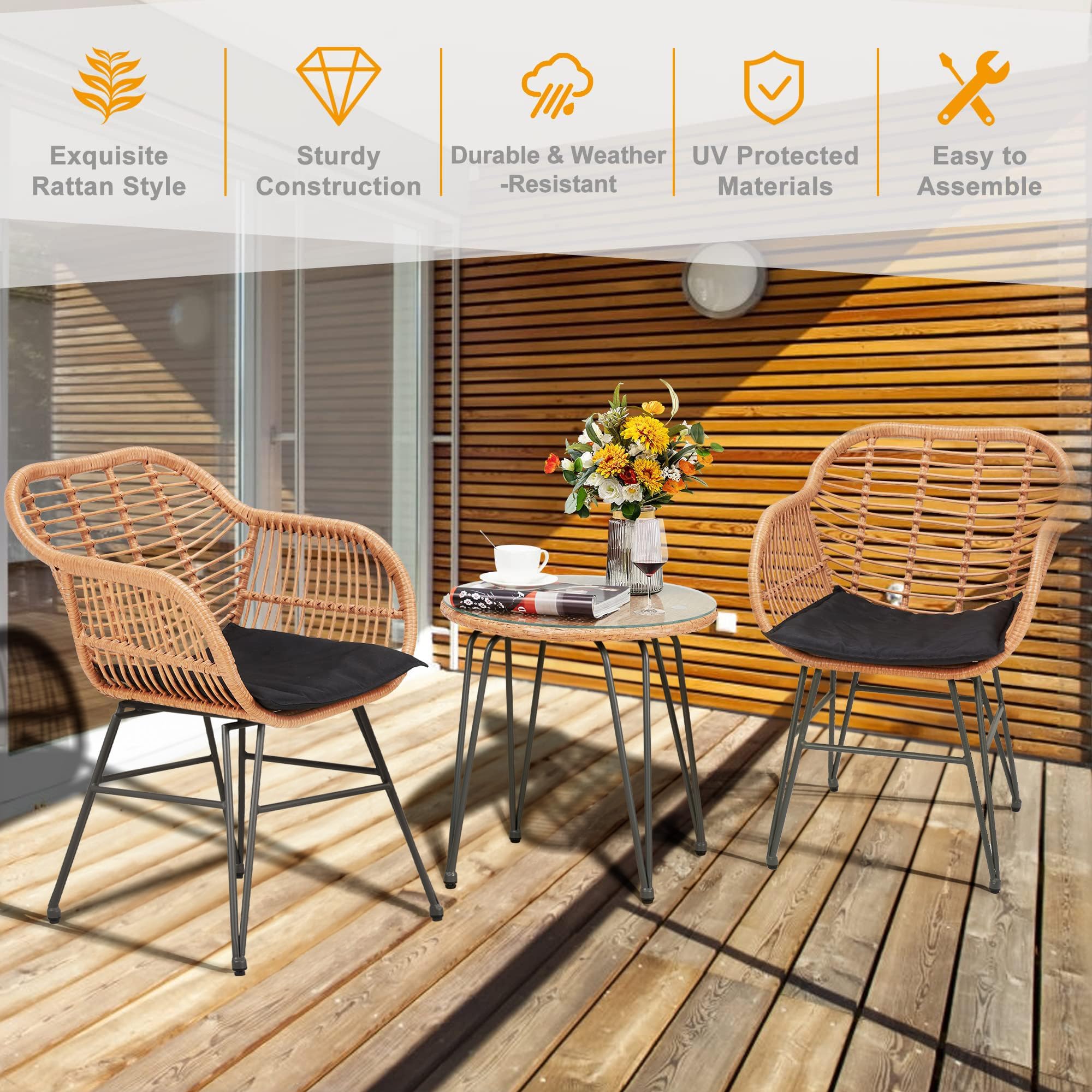 3-Piece Outdoor Wicker Patio Bistro Set - Rattan Conversation Furniture for Balcony, Porch, Poolside & Garden - Weather-Resistant Black Wicker Chairs & Table - Perfect for Outdoor Dining, Lounging and Entertaining Guests