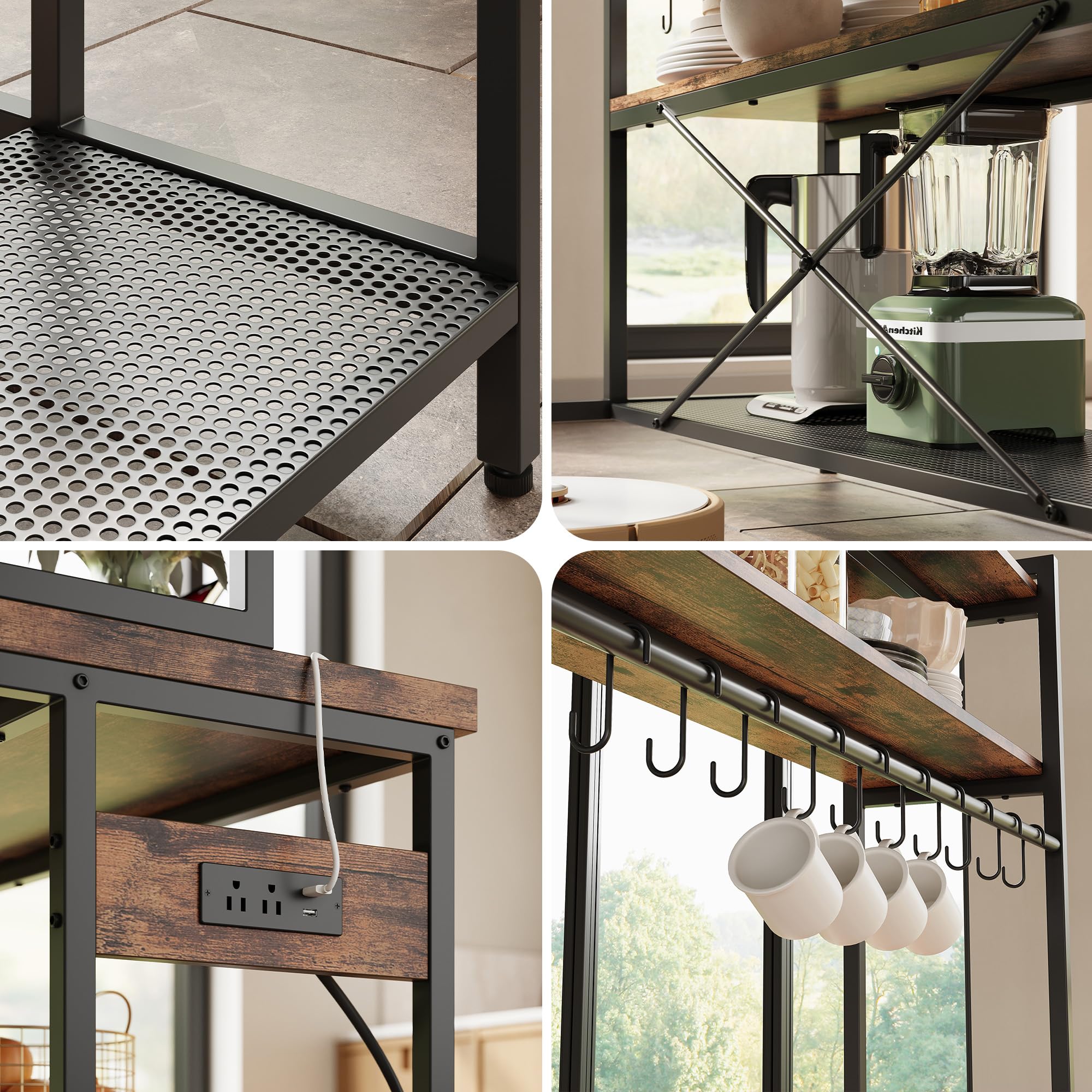 IRONCK Industrial Kitchen Island with Stools - 3-in-1 Dining Table Set with Storage Shelves & Built-in Power Outlet, Coffee Bar Counter for Kitchen, Dining Room & Living Room - Includes 10 Hooks for Utensils & Towels | Perfect for Small Space Dining, Entertaining & Home Office Work