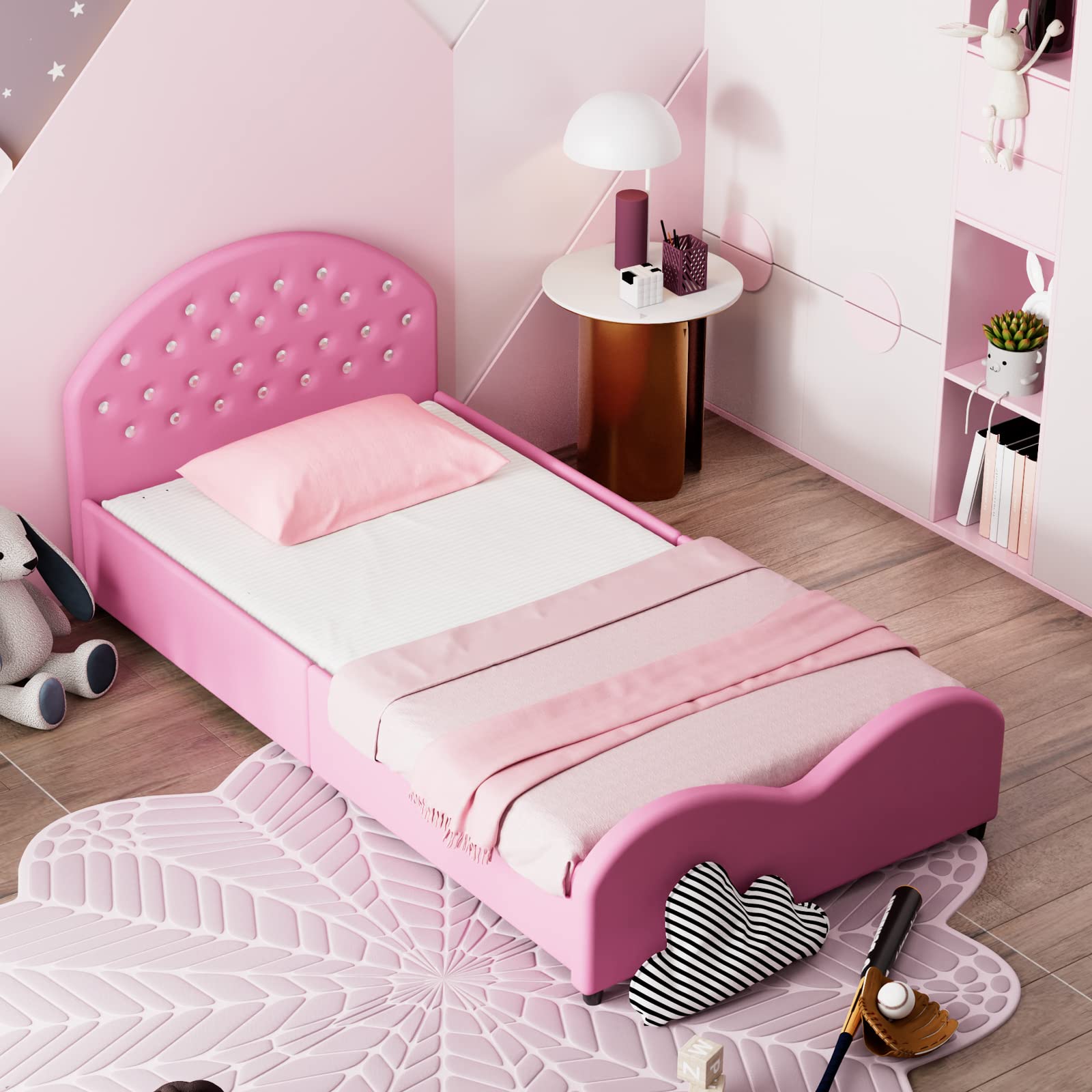 HONEY JOY Twin Bed Frame for Kids - Sturdy Wooden Platform Bed with Headboard & Slat Support, No Box Spring Required | Perfect for Boys & Girls Bedrooms | Fits Standard Twin Mattress (Pink) | Ideal for Toddler Rooms, Sleepovers & Kids' Bedroom Decor