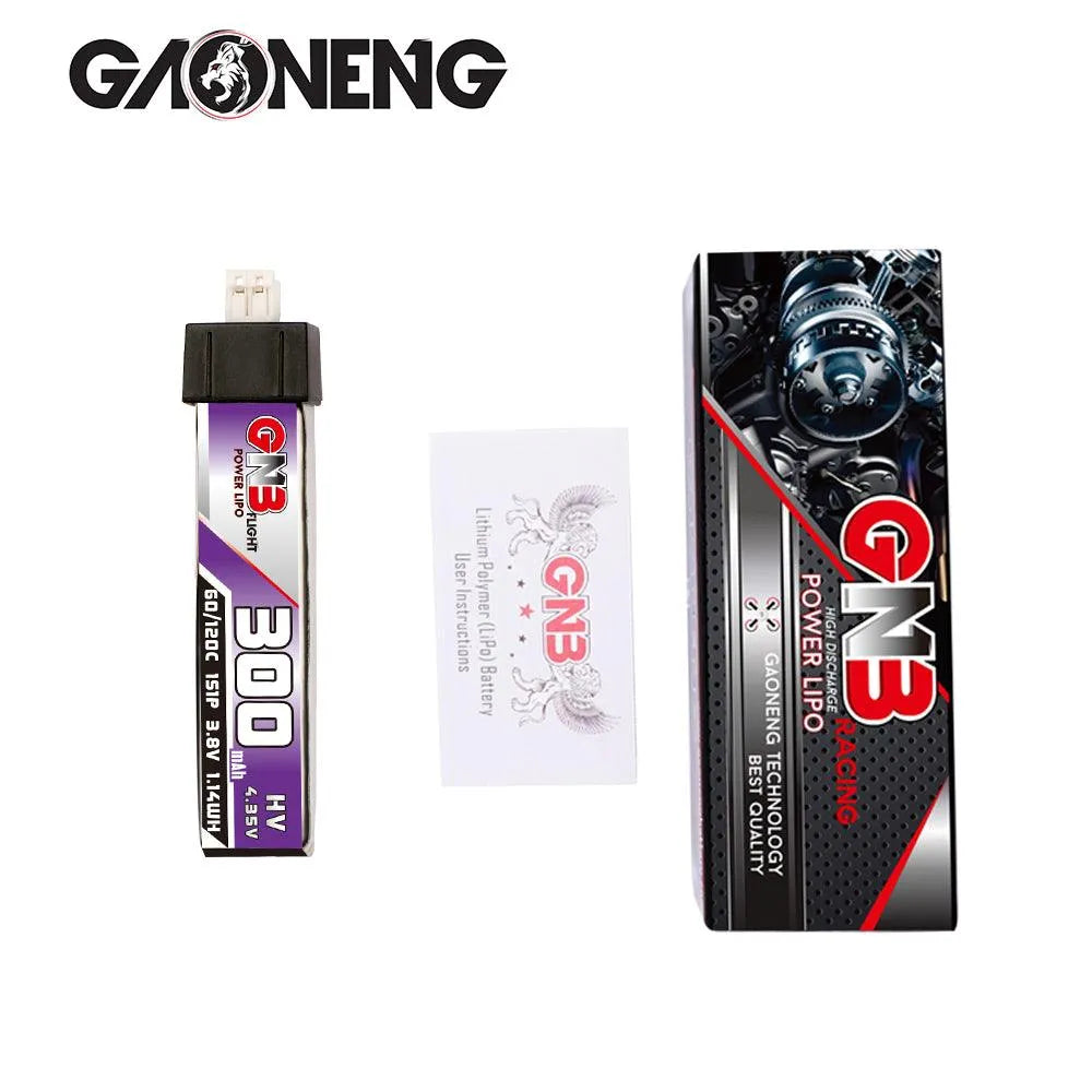 GNB/GAONENG 300mAh 1S 3.8V HV 60C LiPo Battery with PH2.0 Connector & Head Cover - 6 Pack for FPV Drones, RC Cars, and DIY Electronics Projects