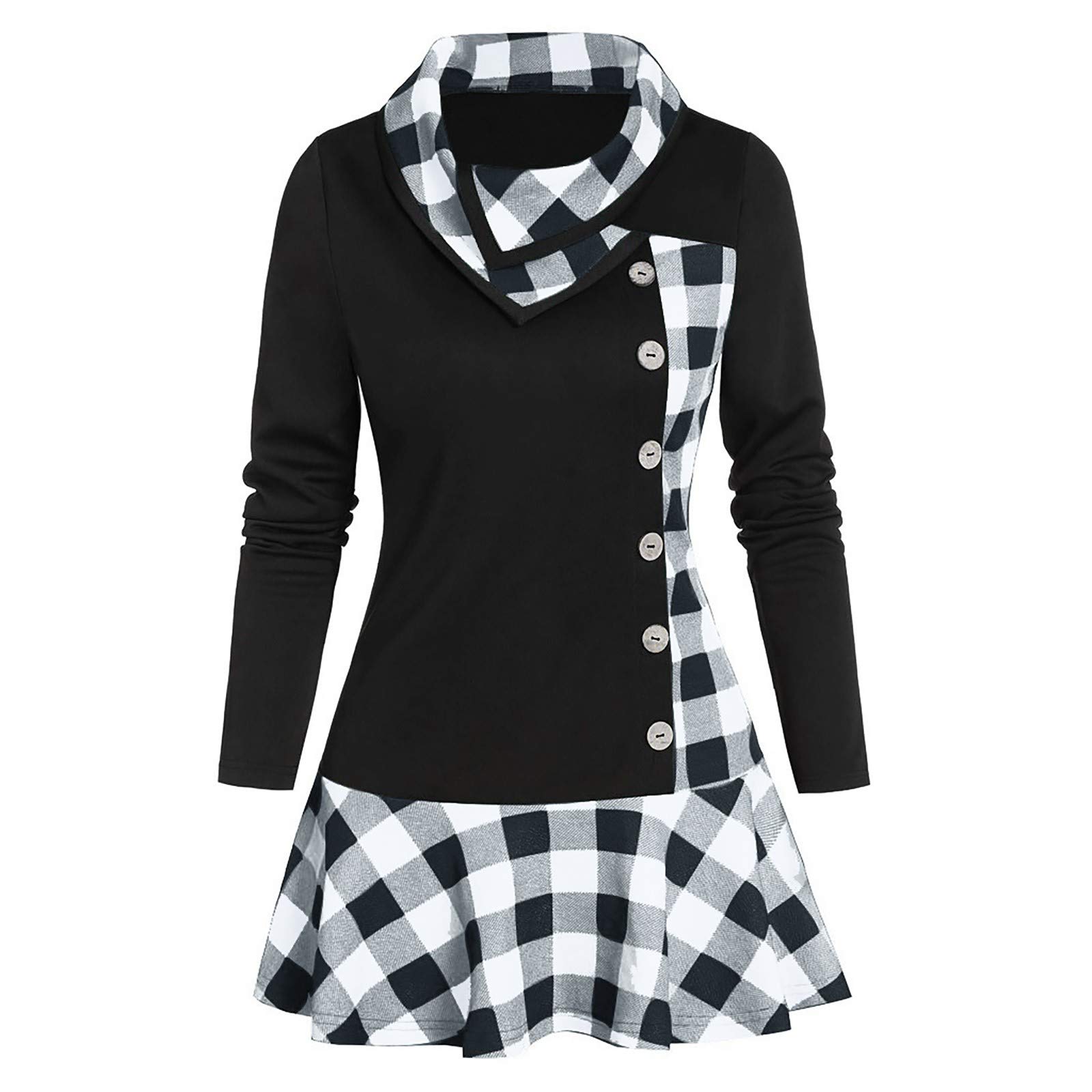 Plus Size Women's Fashion Button Cowl Neck Long Sleeve Patchwork Plaid Print Tunic Top - XXXL White - Perfect for Casual Wear, Office Outfits & Fall Layering