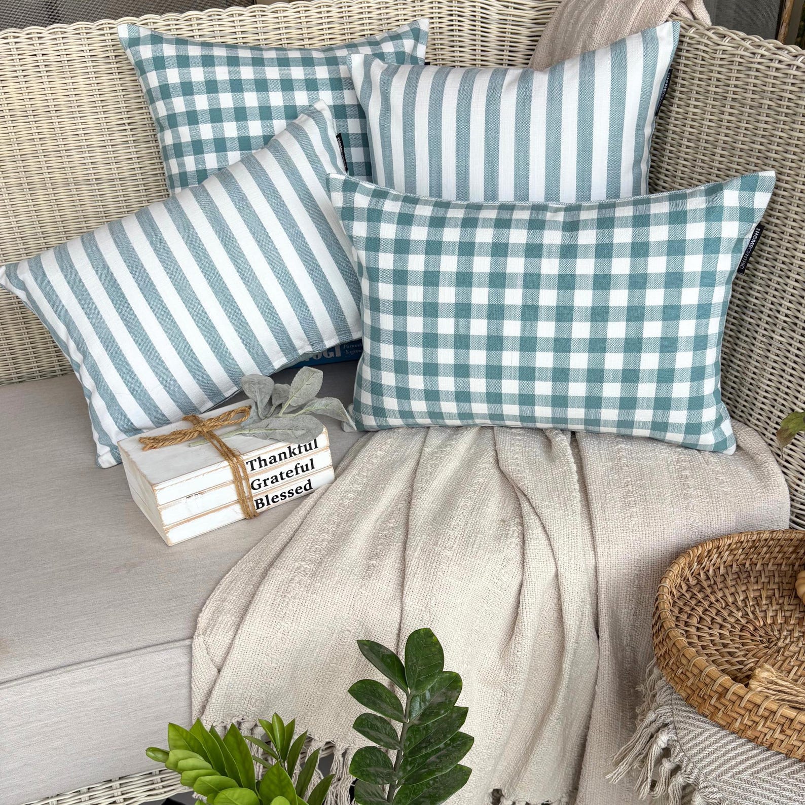 Aqua Cotton Lumbar Pillow Cover - Breathable Grid Loom Design for Sofa, Bed & Office - Home Decor Cushion Case for Back Support and Comfort