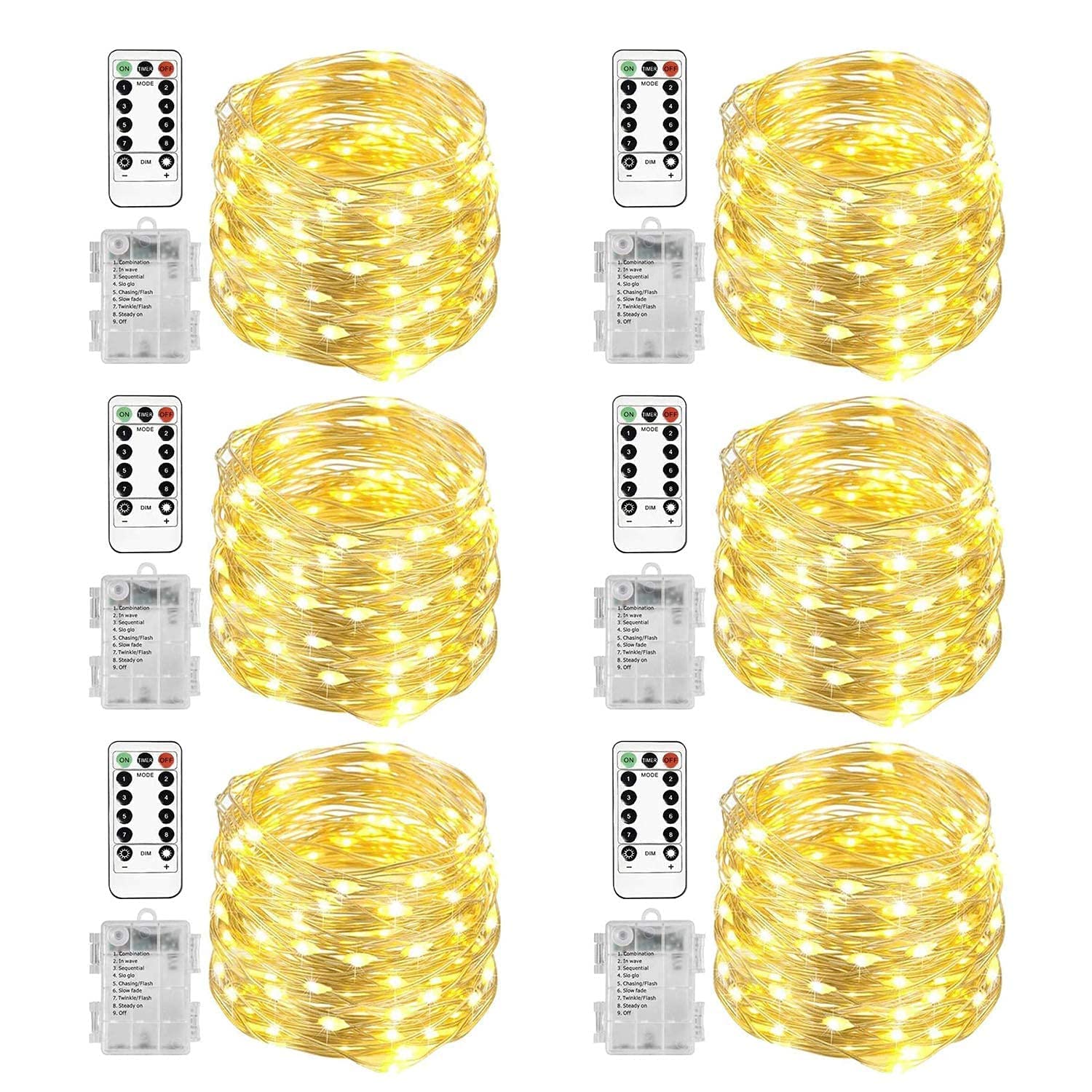 Homemory 6 Pack 20 Ft 60 LED Fairy Lights Battery Operated - Waterproof Christmas String Lights with Remote & 8 Lighting Modes - Perfect for Party, Bedroom, Wedding, Garden, and Indoor/Outdoor Decorations