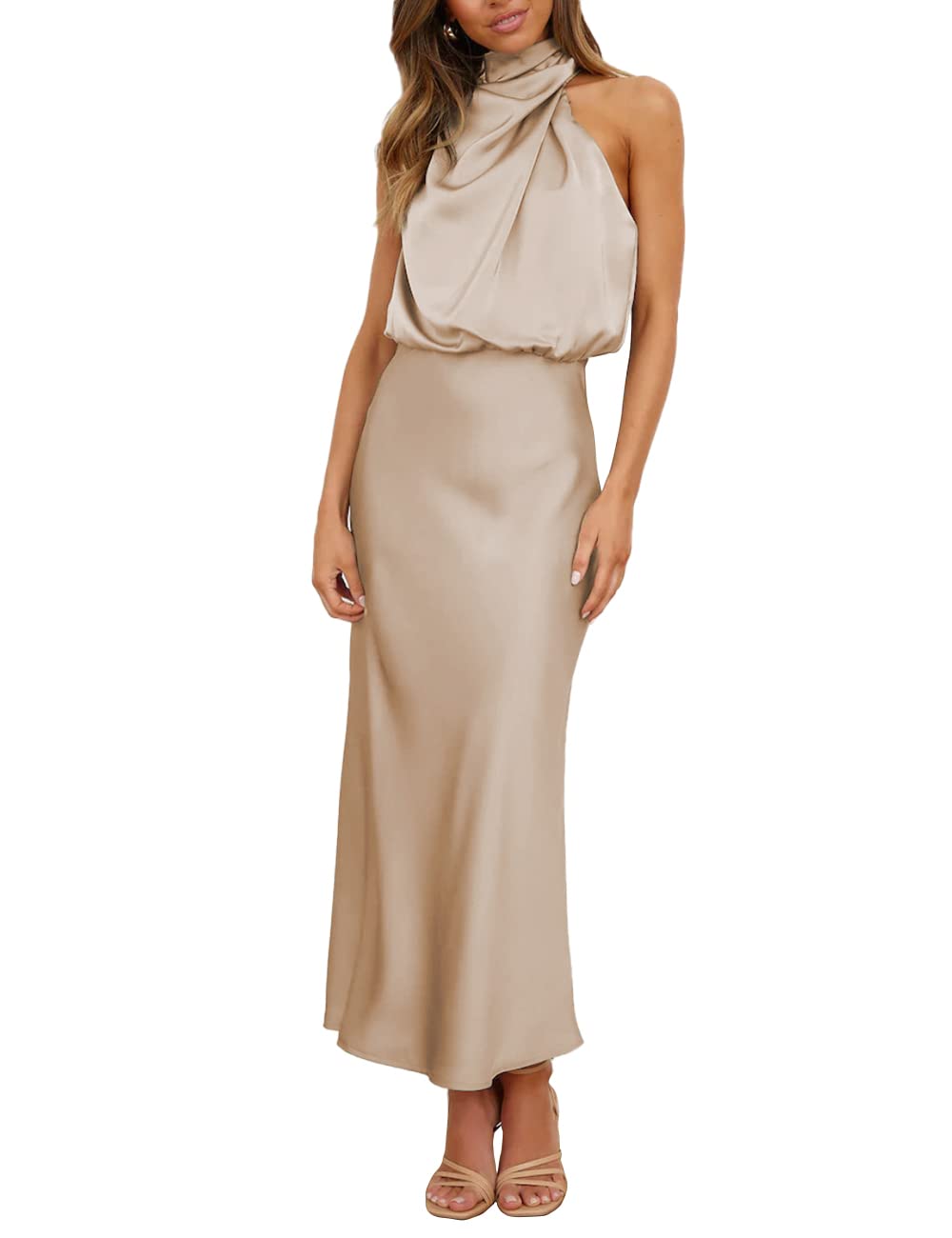 Hatant Women's Elegant Satin Maxi Dress - Silk Halter Neck Sleeveless Cocktail Dress for Wedding Guest, Party & Special Occasions | Wrap Design Formal Evening Gown for Banquet, Bridesmaid & Date Night