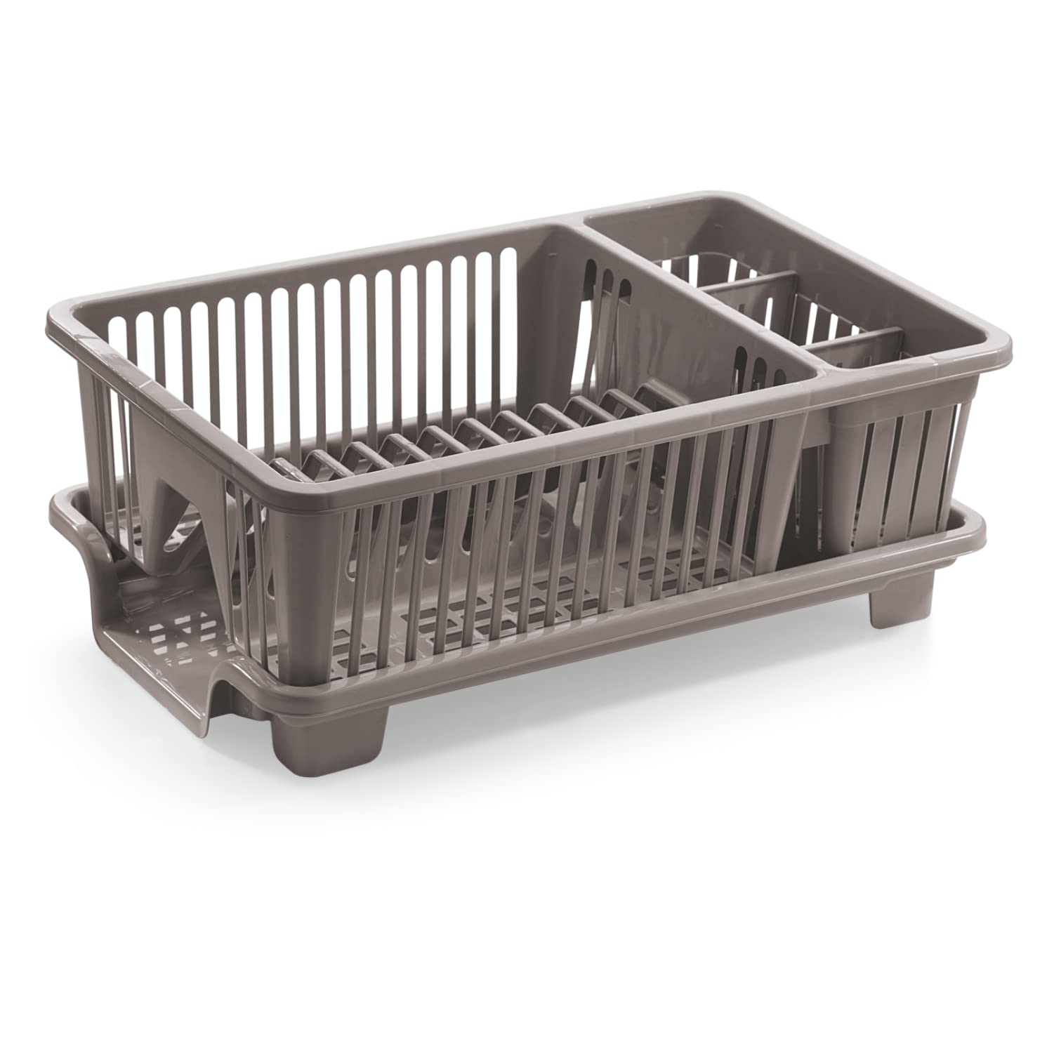 SKi Homeware Multipurpose Plastic Dish Drainer Drying Rack - 3 Knife & Fork Slots + 12 Plate Slots - Space Saving Kitchen Sink Organizer (Grey) - Perfect for Small Kitchens & Dish Drying Organization