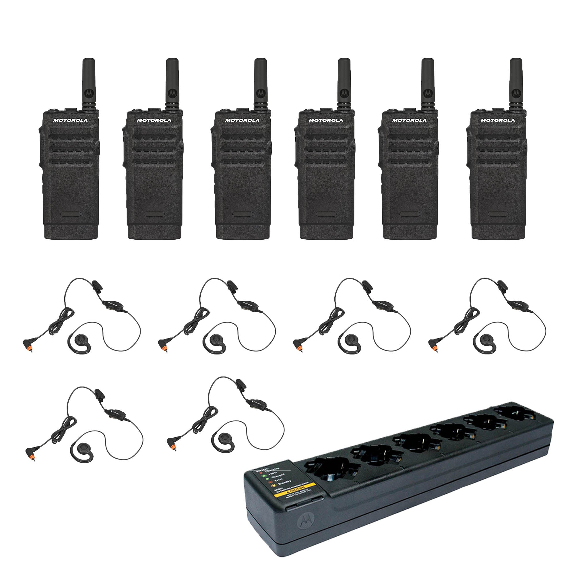 Motorola SL300 Non-Display 6-Pack Two-Way Radios with Multi-Unit Charger & 6 PMLN7189 Swivel Earpieces - Ideal for Business, Security, and Outdoor Communication