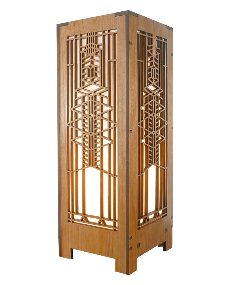 Frank Lloyd Wright Robie Art Glass Lightbox Accent Lamp - Cherry Wood Table Lamp for Living Room, Bedroom, Office Decor & Gift Idea