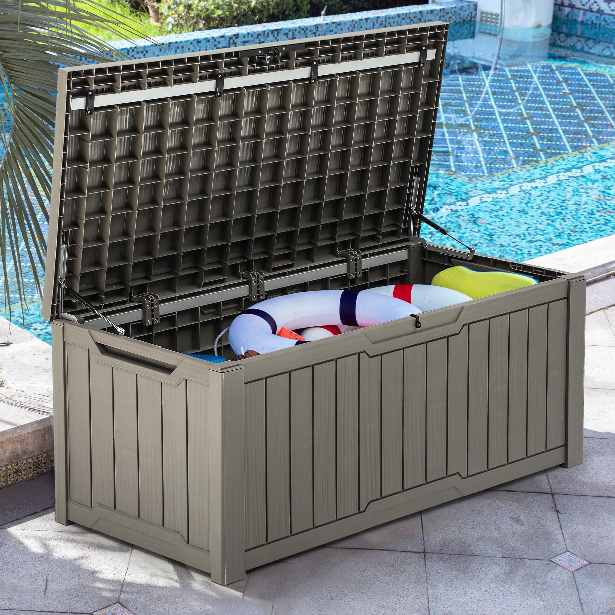 YITAHOME 120 Gallon Outdoor Storage Deck Box - Large Waterproof Resin Patio Storage for Pillows, Garden Tools, Pool Supplies - Lockable Deck Box for Backyard, Patio, and Poolside (Light Brown) - Perfect for Organizing Outdoor Cushions, Toys, and Equipment
