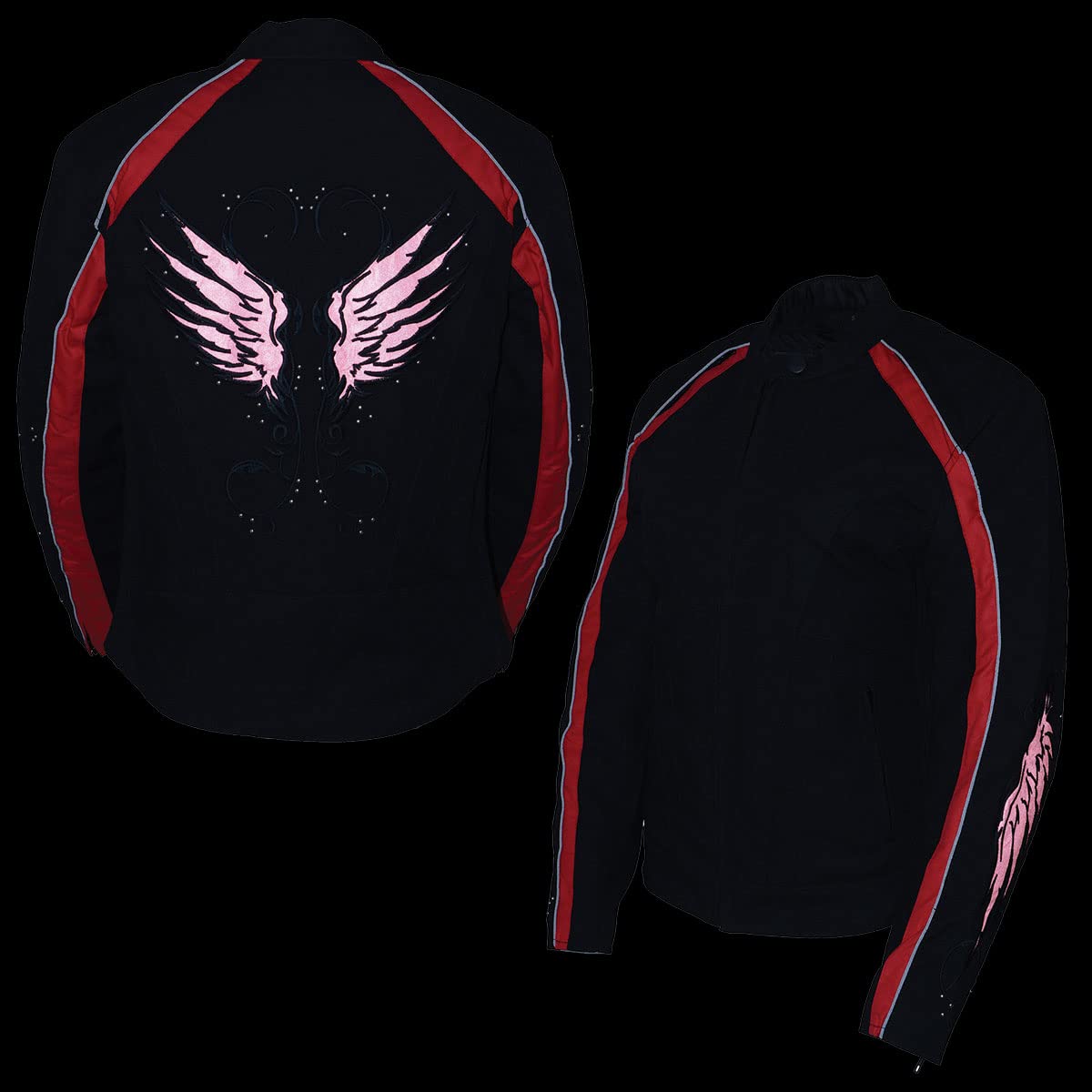 Milwaukee Leather SH1954 Women's Black Textile Motorcycle Jacket with Stud & Wings Detailing - Stylish Biker Jacket for Riding & Casual Wear