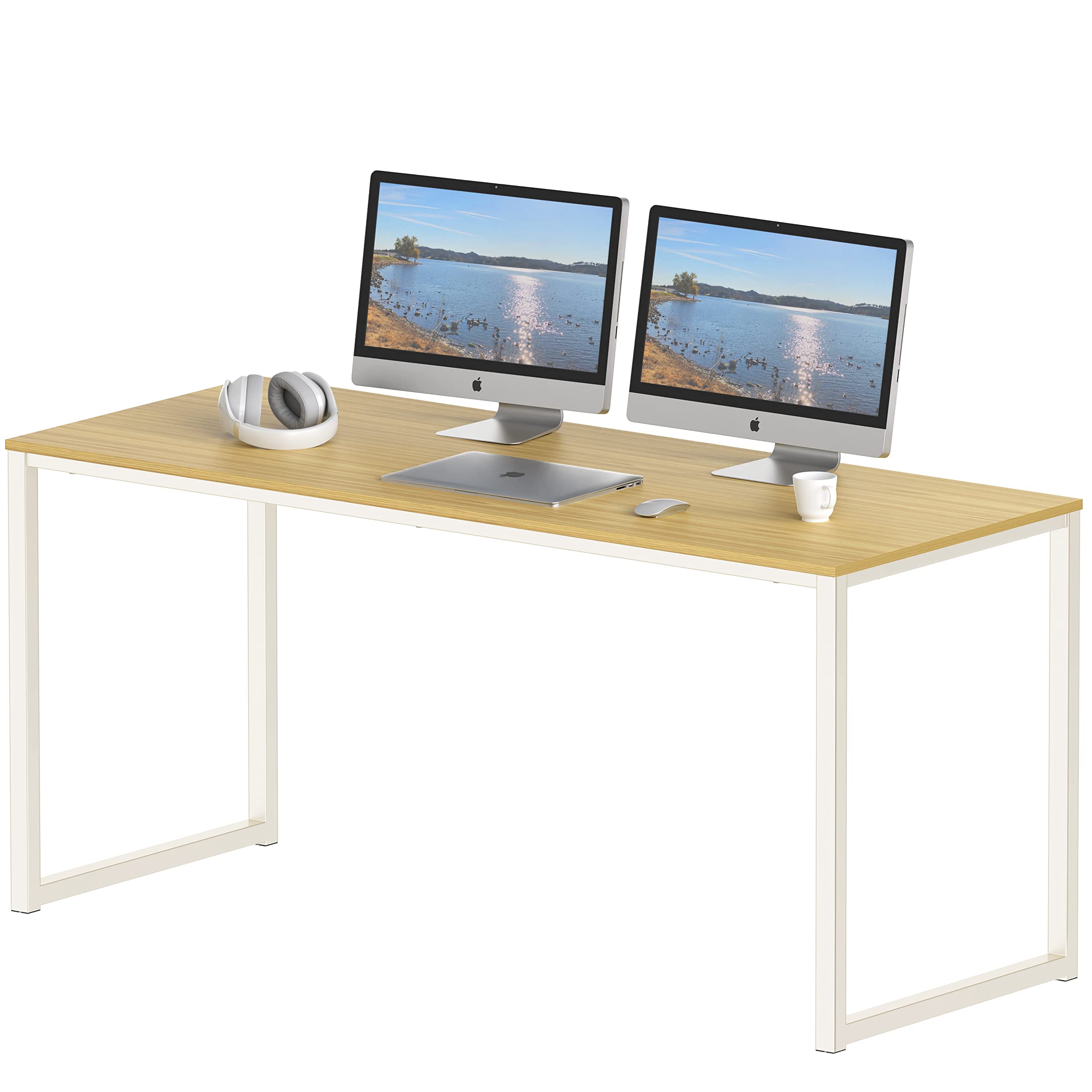 SHW Mission 55-Inch Home Office Computer Desk - Solid Oak Wood Writing Table with Storage Shelf | Perfect for Remote Work, Gaming Setup & Study Room Furniture
