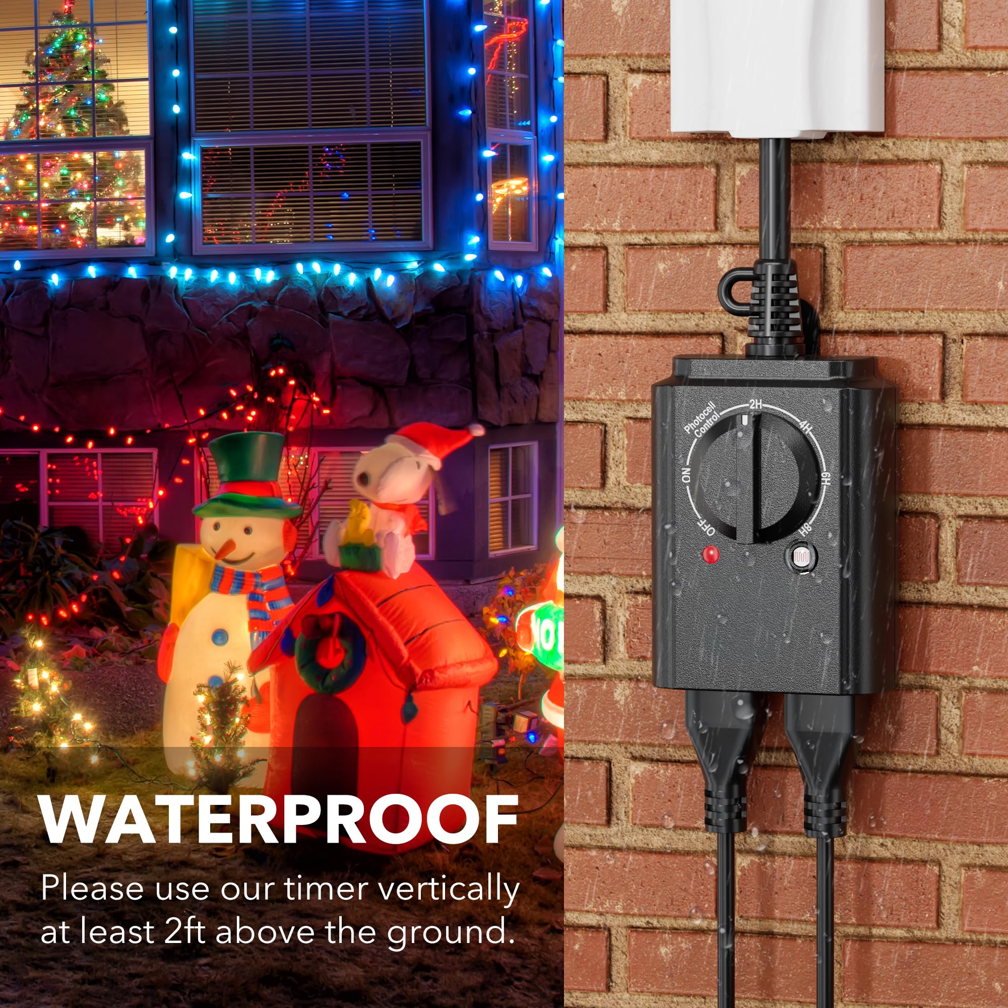 BN-LINK Outdoor 24-Hour Timer with Photocell Light Sensor - Waterproof Countdown Timer (2/4/6/8 Hours Mode) - Weatherproof Electrical Outlet Timer for Garden Lights, Holiday Decorations & Pool Pumps - 2 Pack Grounded Outlets for Home & Outdoor Use