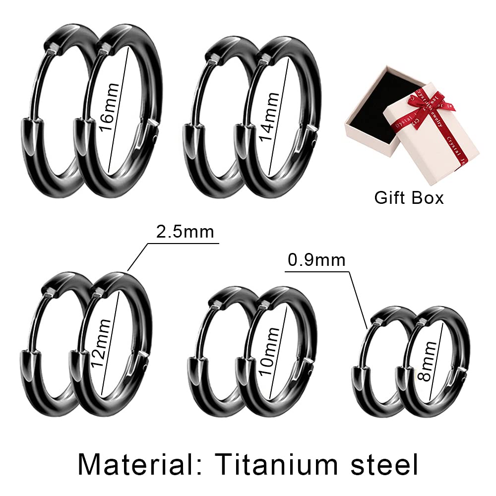 Xihuimay 5 Pairs Titanium Steel Hoop Earrings - 16mm Round Wire Huggie Leverback Earrings for Women & Men (Black) | Cartilage, Tragus & Everyday Wear