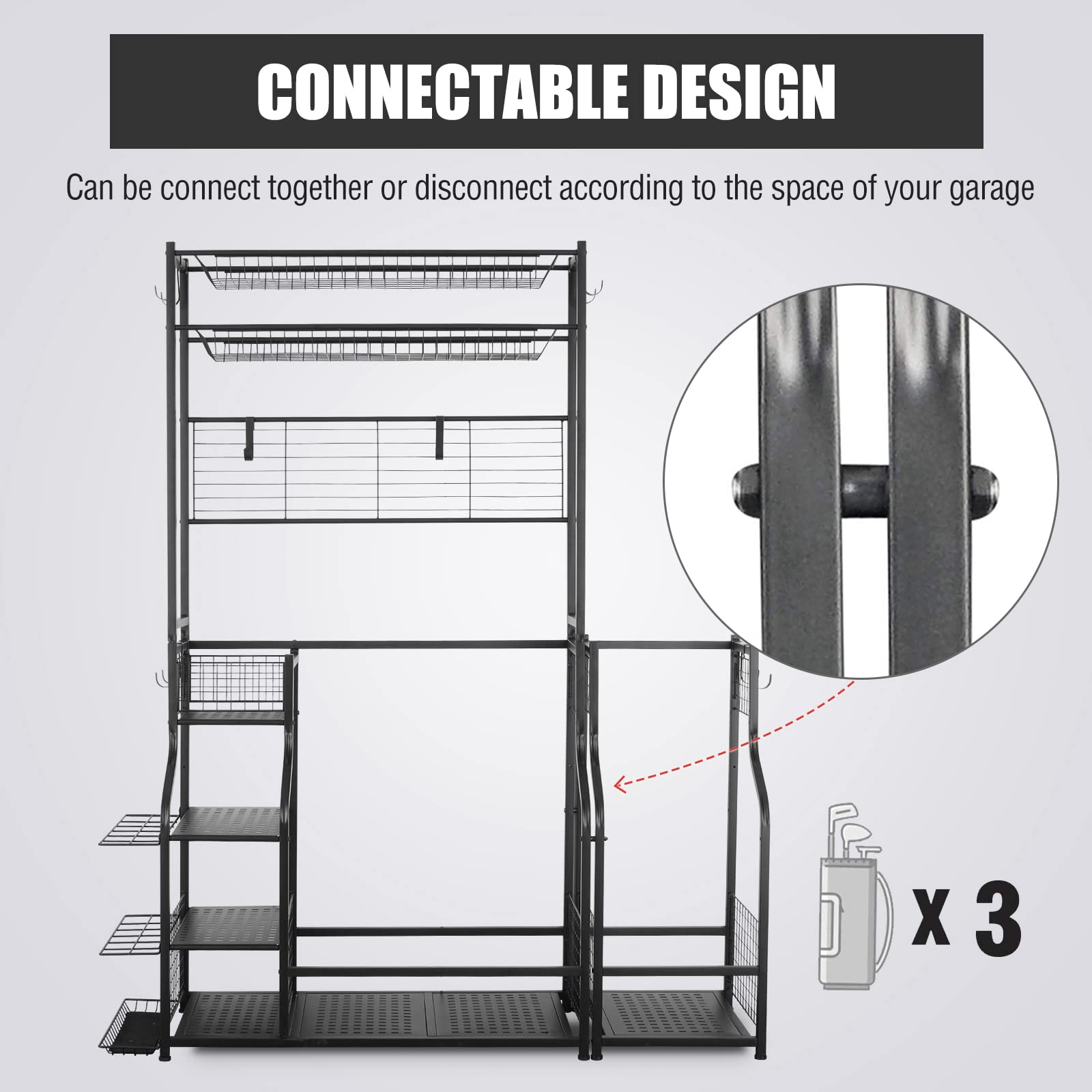 Mythinglogic Golf Bag Storage Stand - 2 Golf Bags Holder with 4 Removable Hooks & Accessories Organizer - Perfect for Garage, Basement, or Clubhouse Storage - Keep Golf Clubs & Equipment Neatly Displayed