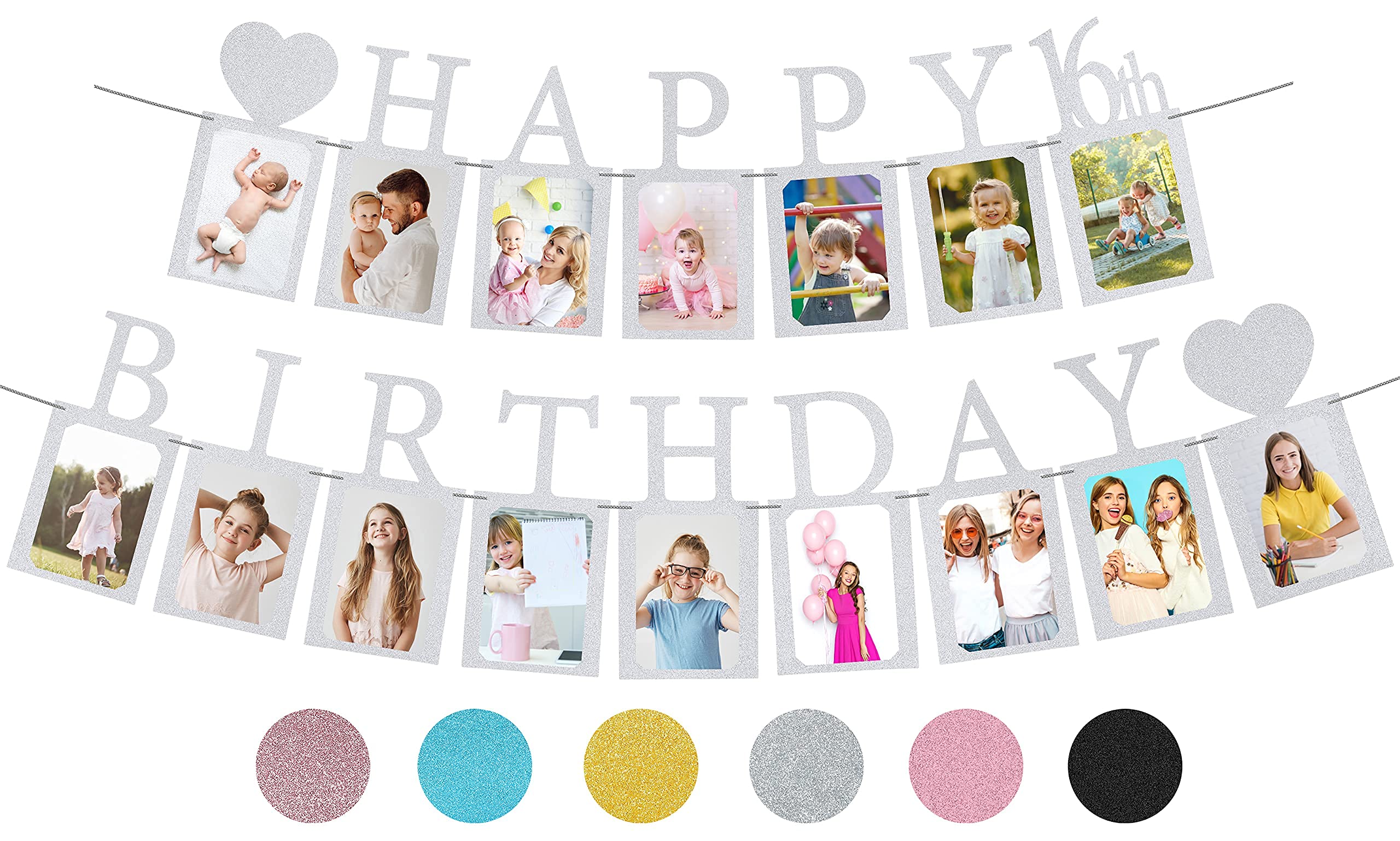 Sweet 16 Birthday Party Decorations - Silver Pre-Assembled Photo Banner with 16 Card Frames | Happy 16th Birthday Decor for Girls | Perfect for Sweet 16 Parties, Milestone Celebrations & Teen Birthday Photo Backdrops
