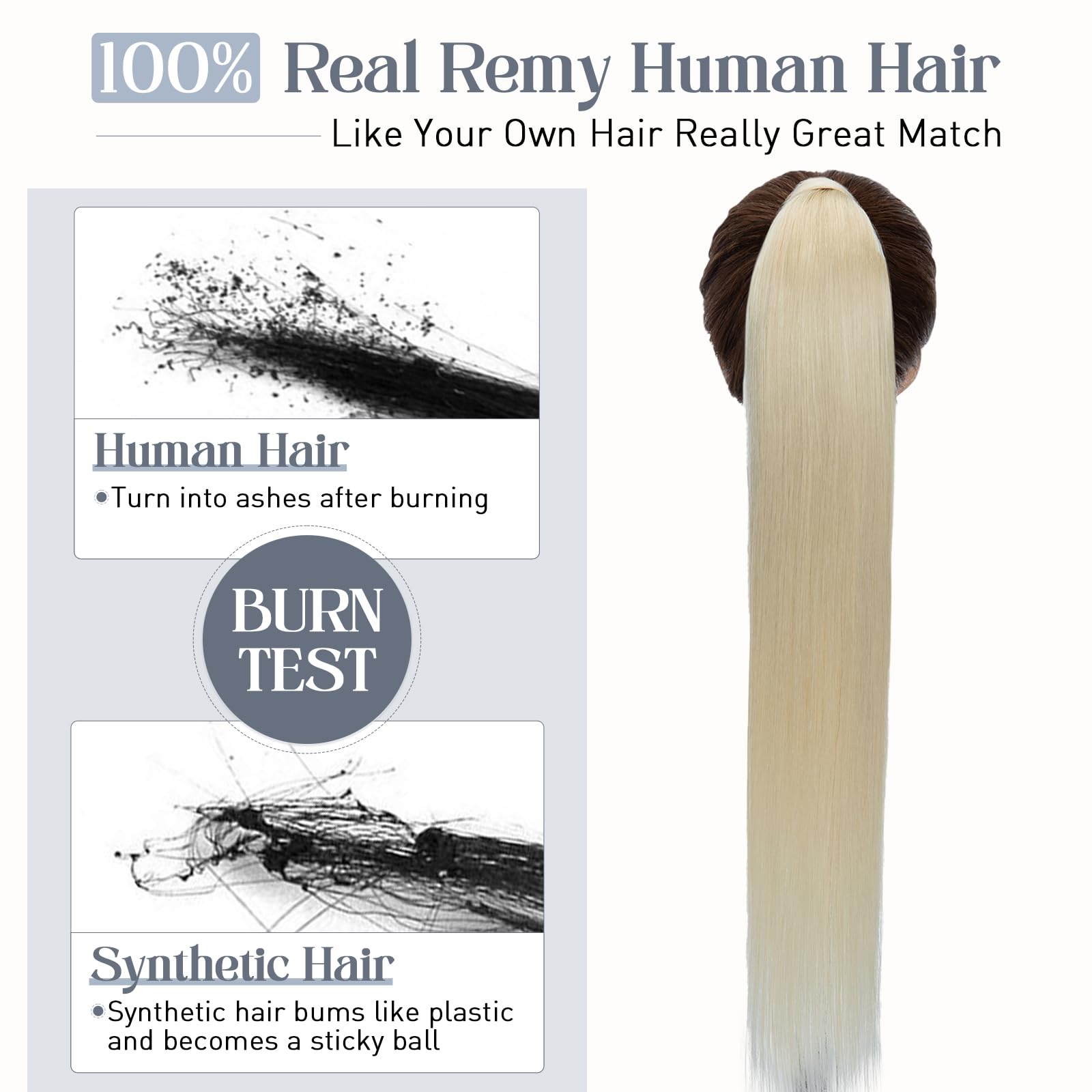 Premium 22 Inch Human Hair Ponytail Extensions - 95g Real Hair Clip-In Ponytail Wrap (Color #60 Platinum Blonde) for Women | Long Straight Hair Extensions for Daily Wear, Parties & Special Occasions