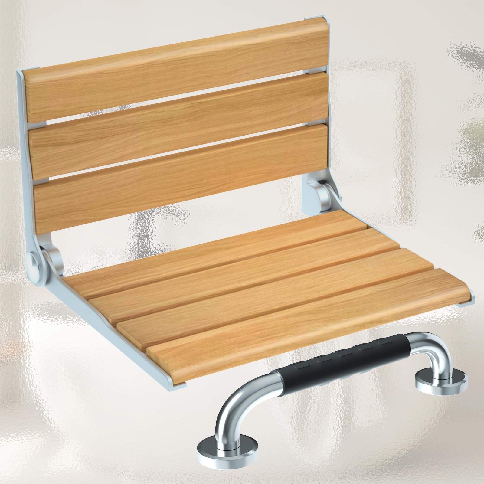 Foldable Oak Shower Bench Seat with Grab Bar - Wall Mounted Shower Chair with Thickened Aluminum Frame (400 lbs Capacity) - Ideal for Elderly Bathroom Safety & Accessible Showering at Home