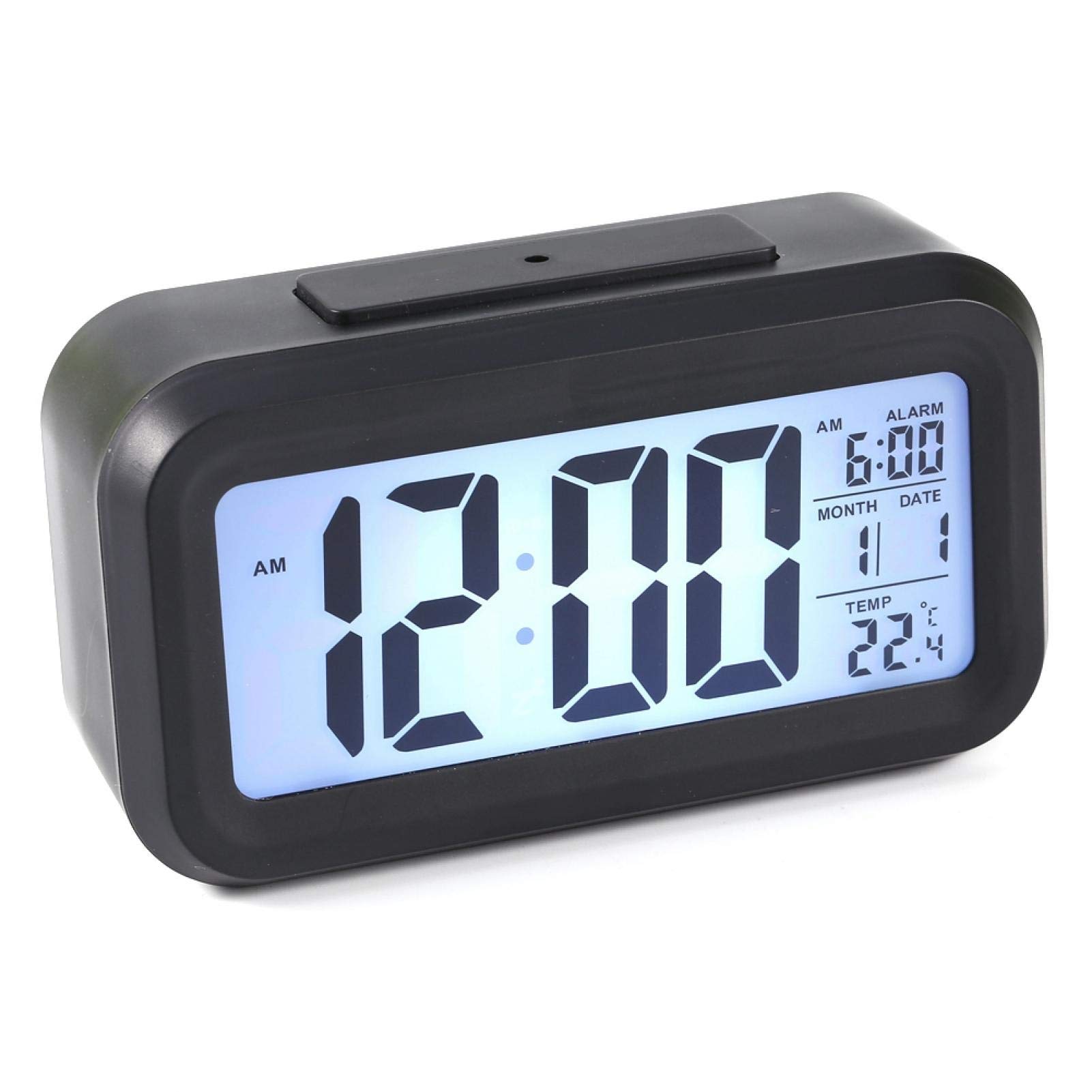 Omabeta Black LED Backlight Digital Alarm Clock with Snooze - Displays Time, Temperature & Calendar - Perfect for Bedroom, Home Office, Travel & Nightstand Use
