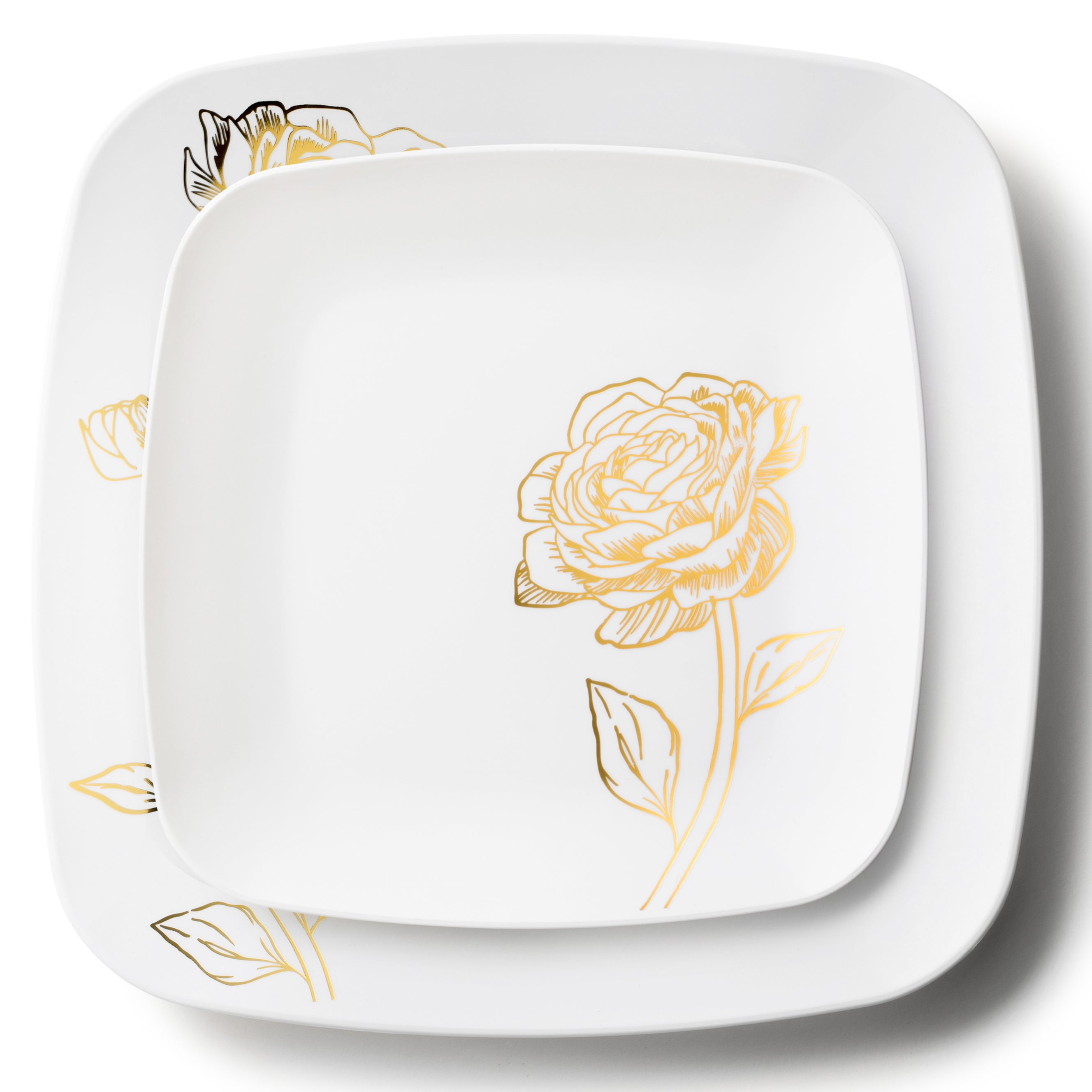 32-Piece White and Gold Square Plastic Dinnerware Set - Elegant Disposable Tableware for 16 Guests - Perfect for Weddings, Parties, and Outdoor Events