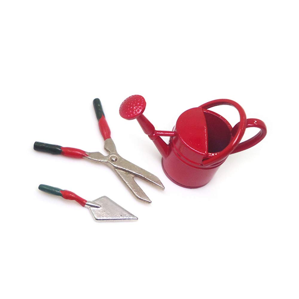 3Pcs Miniature Gardening Tools Set - Small Watering Can, Garden Shears & Shovel for 1:12 Scale Dollhouse Decor, Fairy Garden, Terrarium & Miniature Landscaping (Red)