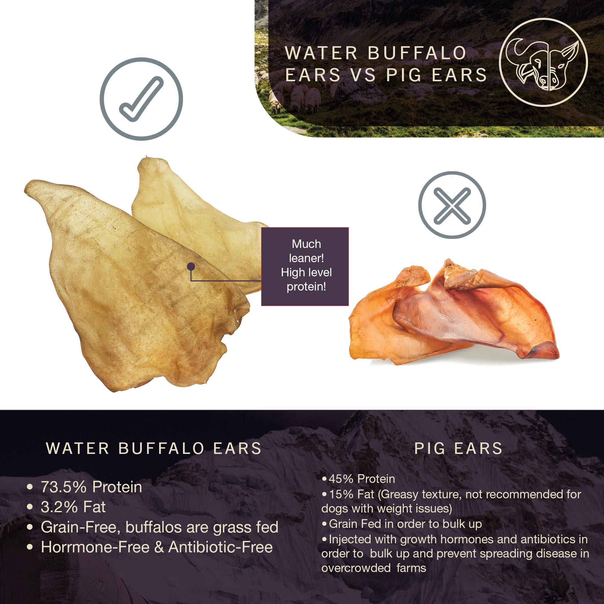 All Natural Water Buffalo Ear Dog Chews - 20 Piece Grain Free Treats for Dogs | Healthy Alternative to Pig Ears, Cow Ears & Rawhide | Perfect for Training, Teething & Dental Care