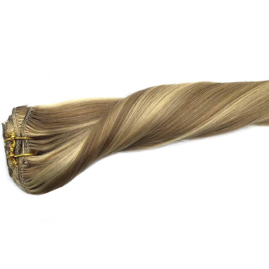 Clip In Human Hair Extensions 7PCS 120G - Ombre Two Tone Light Ash Blonde with Golden Blonde Highlights | Silky Straight Real Hair Extensions for Women | Perfect for Parties, Weddings & Daily Styling