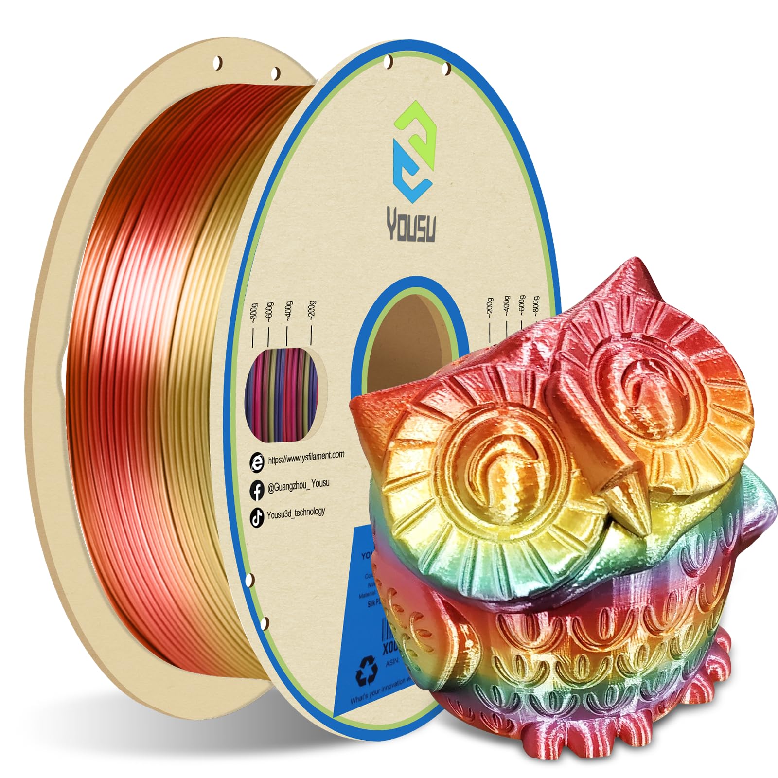 YOUSU Rainbow PLA Filament 1.75mm - Silk Multicolor 3D Printer Filament 1kg Spool | Fast Color Changing Filament for Vibrant Prints | Perfect for Cosplay, Home Decor & Creative Projects
