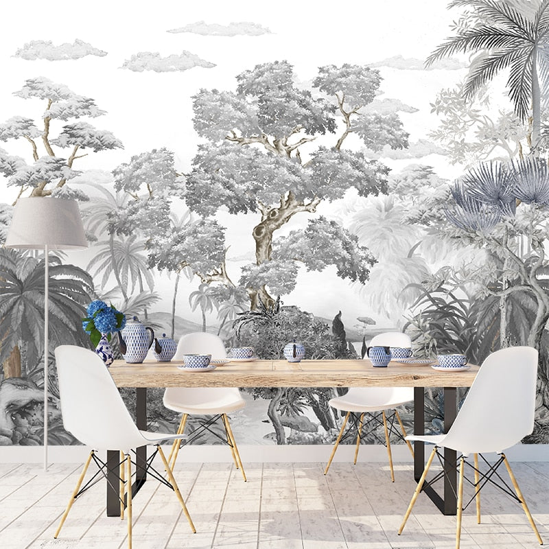 Elegant Black and White Jungle Mural Wallpaper - Premium Peel and Stick Wall Decor for Living Room, Bedroom, Nursery | Easy to Install & Removable